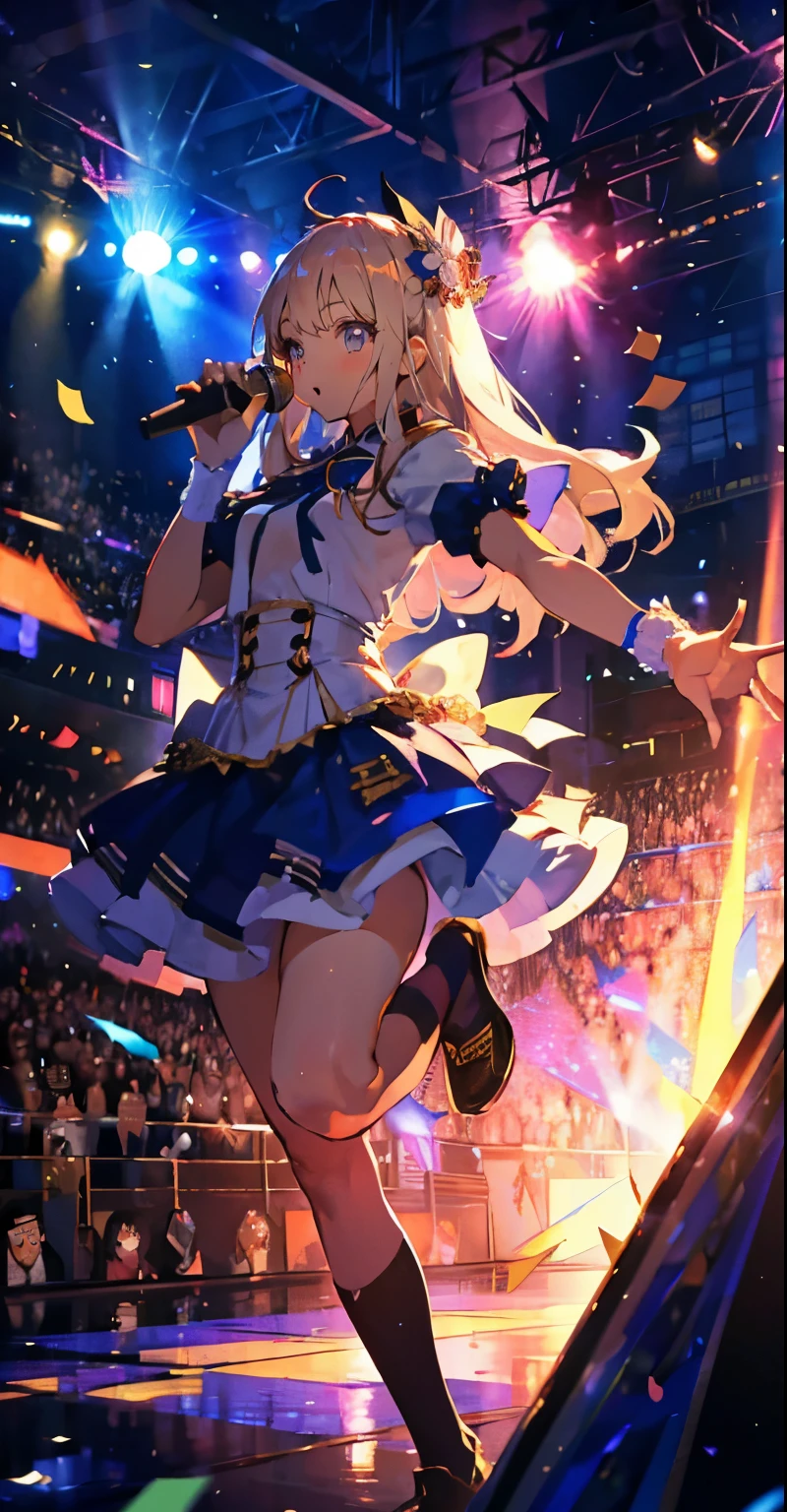 (muste piece), (best quality), very detailed, ((1 girl)), solo full body shot，Low - Angle，dynamic，jump，((A big smile))，wink，perfect face, beautiful face, very detailedな顔，(white long hair_blue eyes:1.3)，idol costume，solo idol，ribbon hair ornament，concert dome，live，have a microphone，singing，smiling with mouth wide open，Laser Light，Spotlight，Lots of confetti