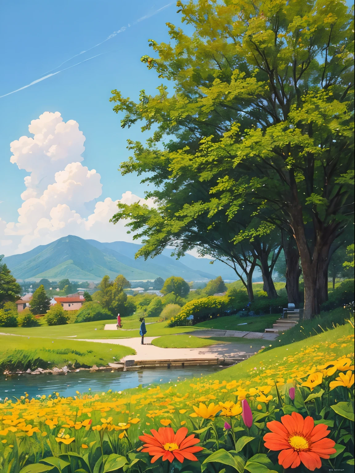 front，comic strip，side body，Sorissos，It is a spring landscape painting，suburbs，colorful flowers，And the sun is shining，（colorful flowers）