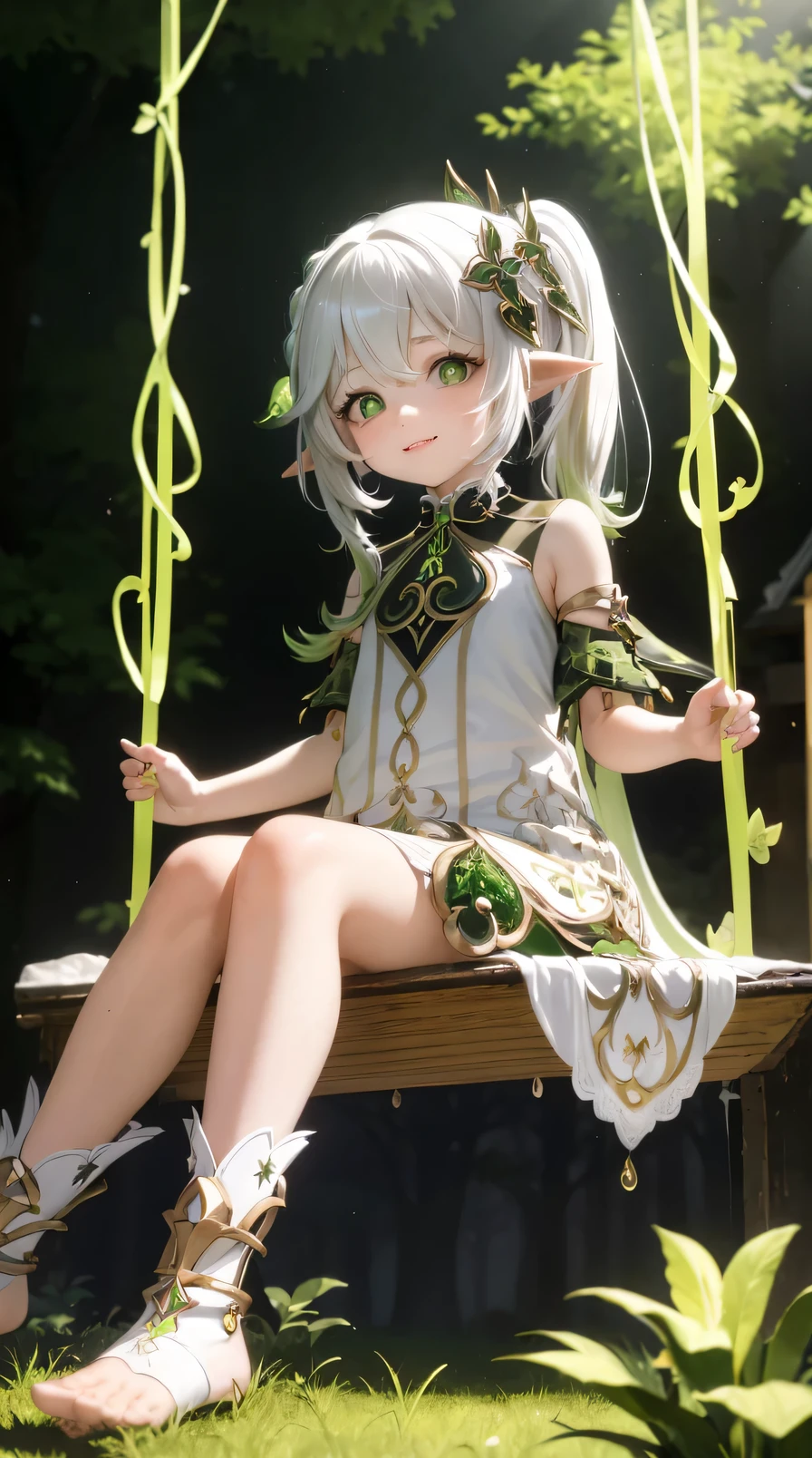 masterpiece, best quality, swing,sitting,whole body,1 girl,Nahida \(Genshin Impact\),white hair,colorful hair, Side Mao Insult,hair accessories,green eyes,Pictogram ,pointed ears, jewelry, Detached sleeves,white dress,Long legs with exposed toes,gray background, Smile, bright colors, forest background,