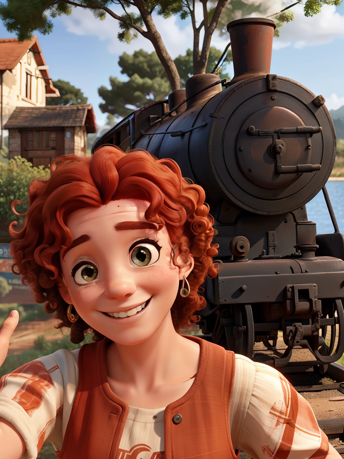 Mel, a woman with red and curly hair, smiling, in front an old train