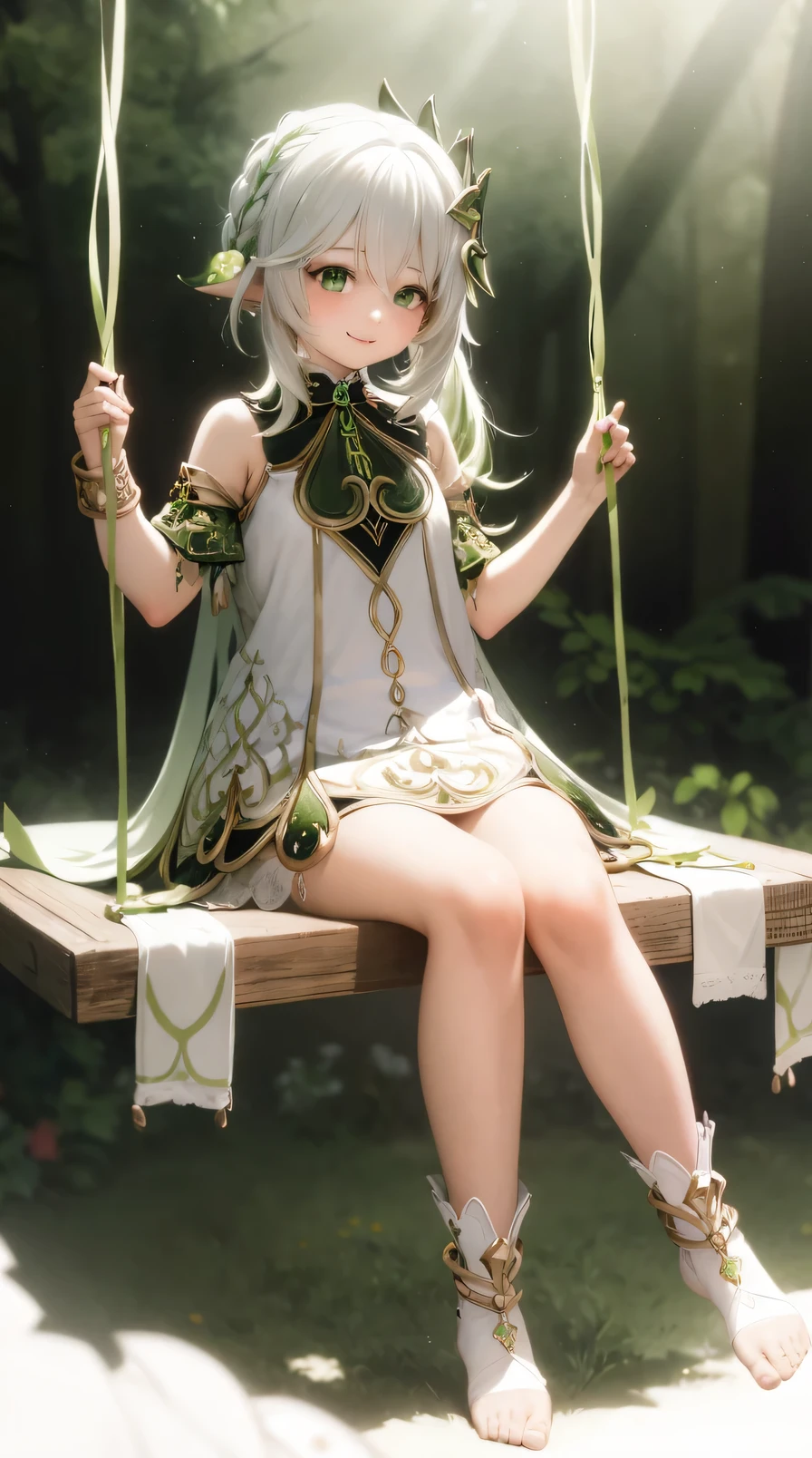 masterpiece, best quality, swing,sitting,whole body,1 girl,Nahida \(Genshin Impact\),white hair,colorful hair, Side Mao Insult,hair accessories,green eyes,Pictogram primary school student,pointed ears, jewelry, Detached sleeves,white dress,Long legs with exposed toes,gray background, Smile, bright colors, forest background,