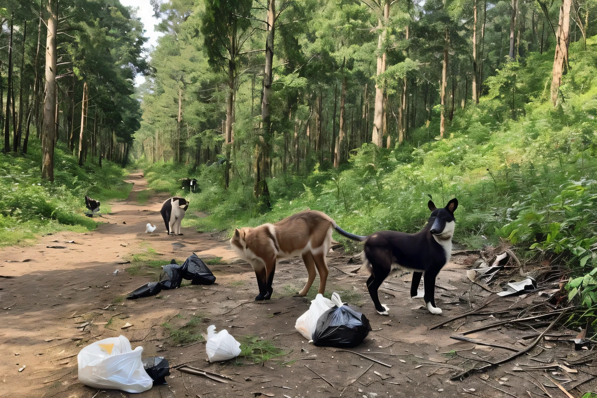 Scenery of animals picking up trash。The dirty forest is still visible in the background。