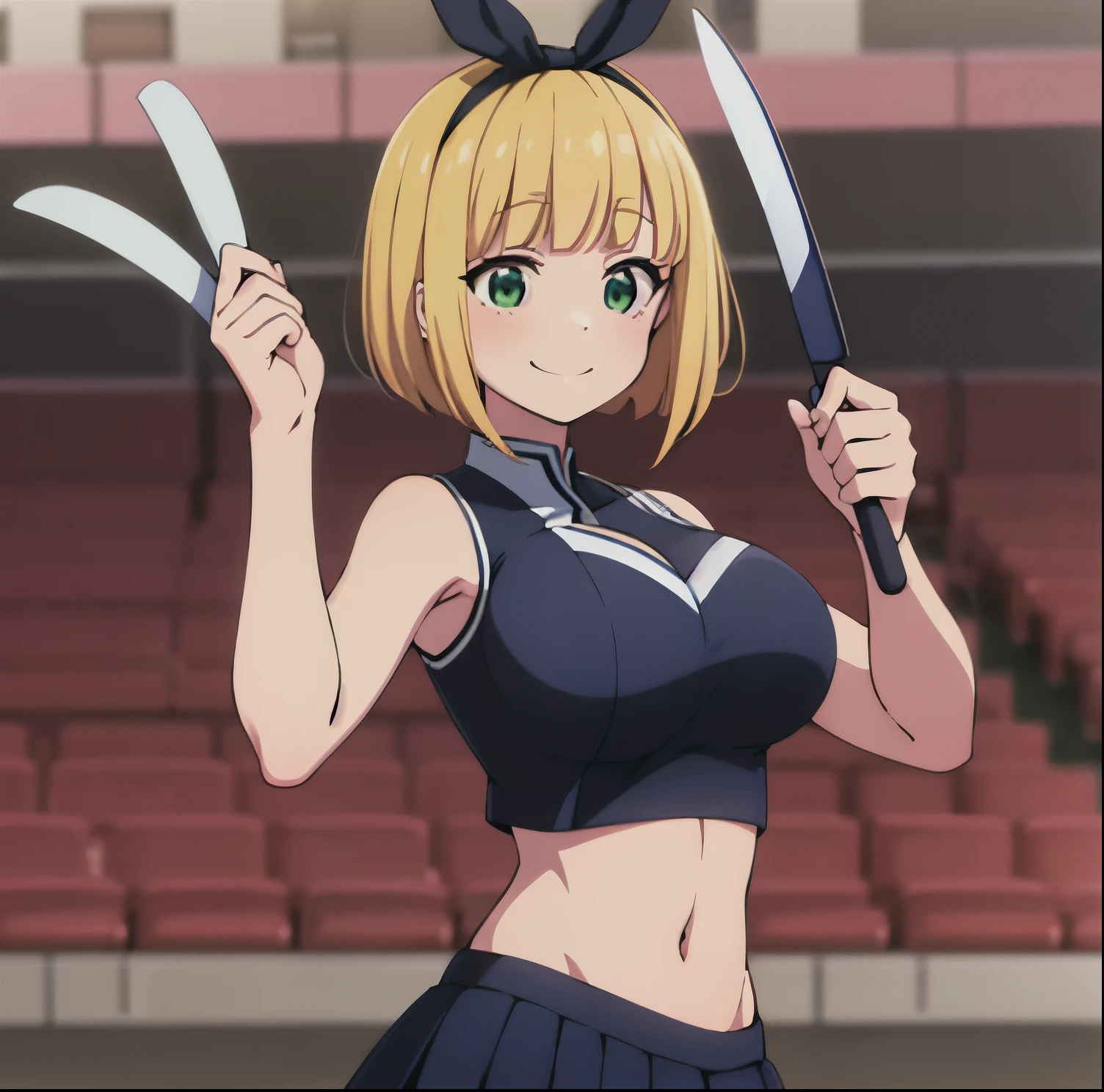 1girl, alone, shushu suruga, short blonde hair, green eyes, hair band, black bow, (masterpiece), best quality, (((ultra detailed, 8k quality))), expressive eyes, perfect face, perfect anatomy , perfect body, perfect hands scene, bob cut, black headband, pompom (cheerleader), holding yellow pompoms, cheerleader uniform, blue skirt, pleated skirt, cheerleader, navel, bare shoulders, holding pompoms, bare abdomen, mini skirt, top short blue, crisscross, loose neck, smile, open mouth, cleavage, stadium, big breasts, medium waist, wide hips, medium thighs, stadium, smiling, closed mouth, embarrassed, sunset, standing, jumping