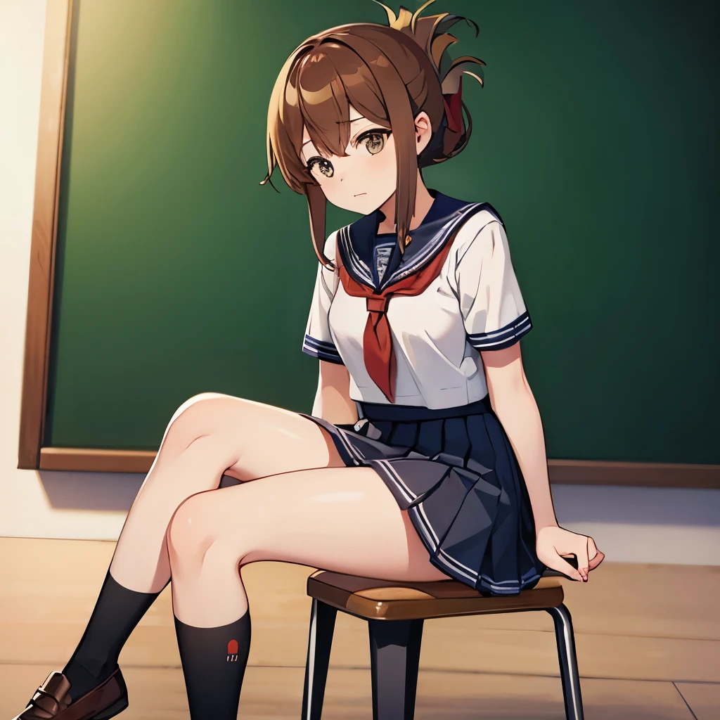  sit in a chair, Look to the right,I am not feeling well and am holding my knees while observing a class on the floor of the school gymnasium.,(masterpiece, best quality:1.2),illustration,8k,hd,1girl,solo,upper body,(portrait:1.2),brown_hair,folded_ponytail,brown_eyes,serafuku,long_hair,school_uniform,skirt,pleated_skirt,