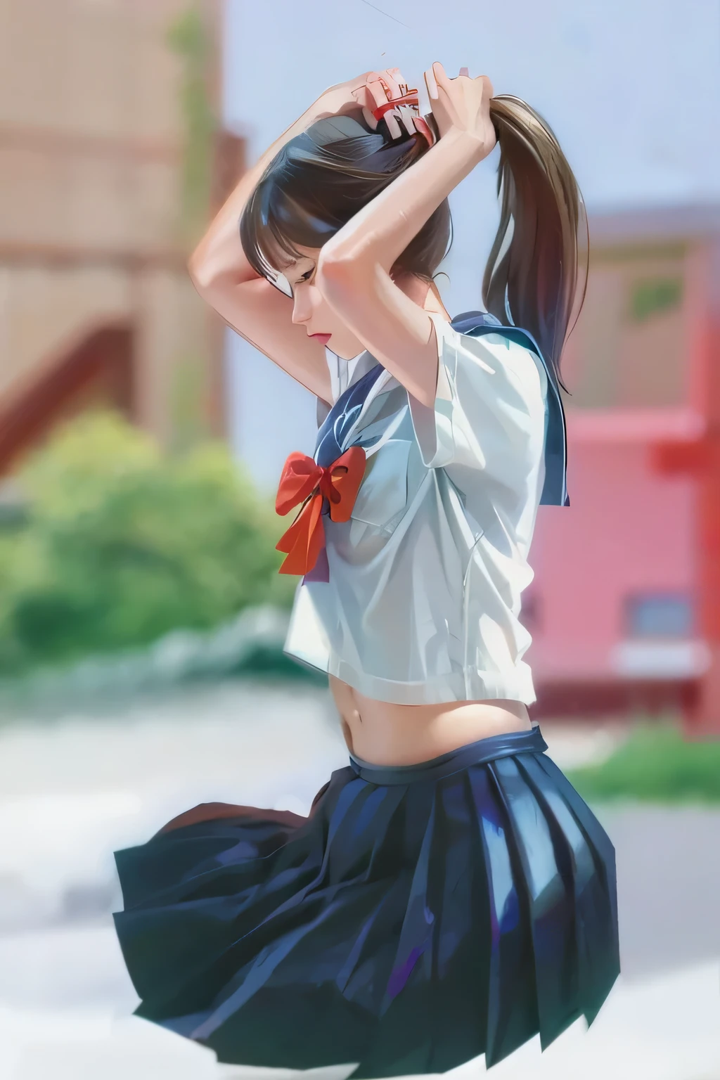 Anime girl wearing skirt and white shirt with red bow, Painting in animation artist studio, Produced by Anime Painter Studio, Smooth anime CG art, Anime realistic style, Xin Haicheng. digital rendering, Xin Haicheng style, Realistic anime art style, Xin Haicheng art style, Authentic anime style from pixiv, surreal