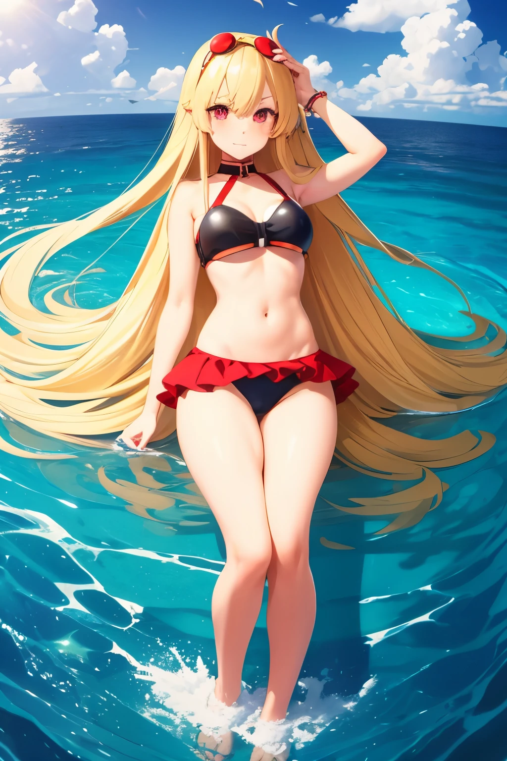 short girl, swimsuit, blonde hair, long hair, giantess, shoulders, thighs, hime cut, red eyes, low angle, belly button, yuudachi, fisheye lens, full body