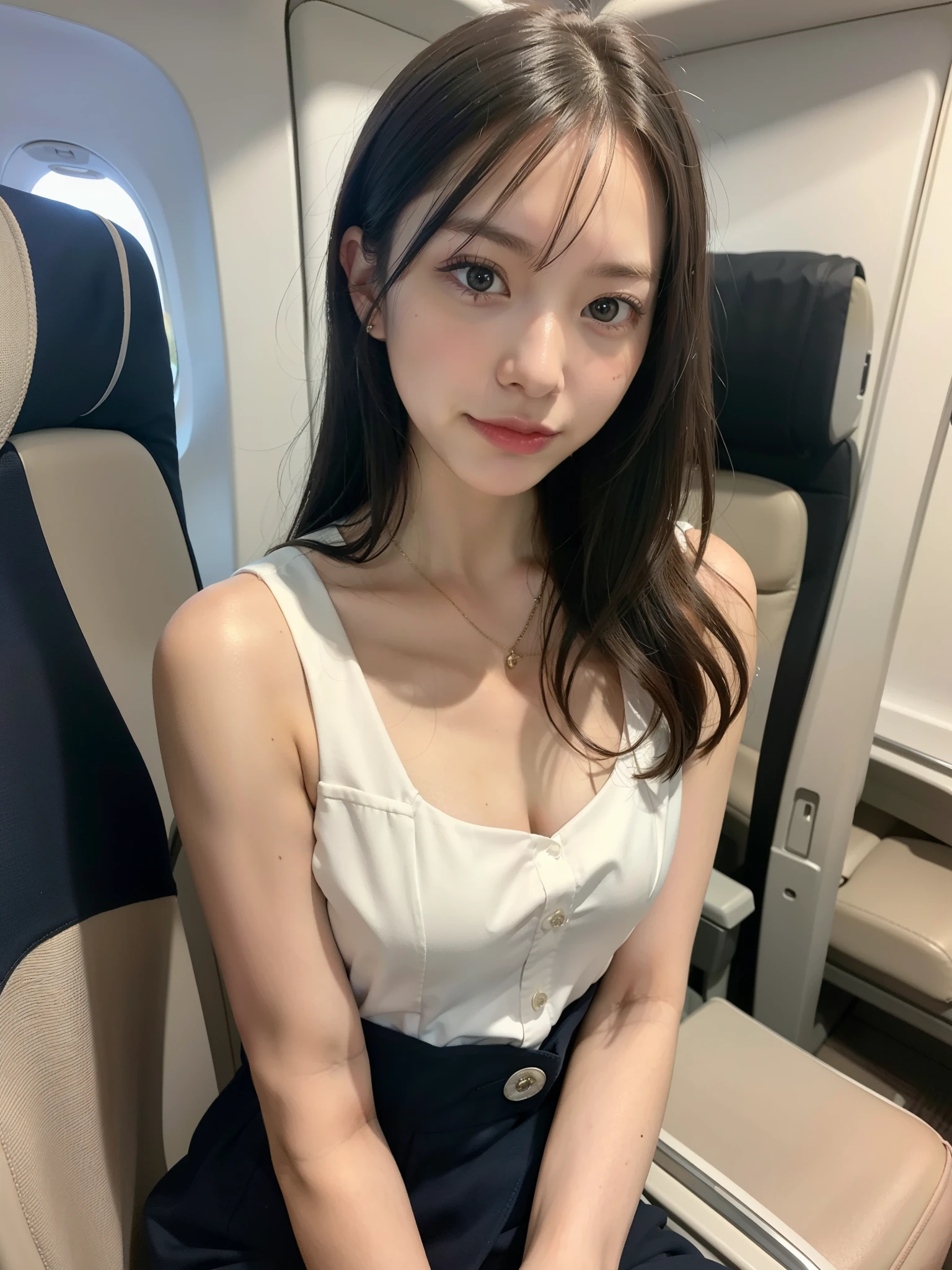 ((Best of the highest quality, 8k, Masterpiece: 1.3, raw photo)), Sharp focus: 1.2, (1 AESPA girl: 1.1), (Solo: 1.18), (realistic, photo-realistic:1.37), face focus, cute face, finely eyes, (Small breasts, flat chest, Thigh: 1.3), (nude: 1.3), short messy hair, updo, Beautiful flight attendant in the seat of the plane, Meticulous beautiful flight attendant outfit,