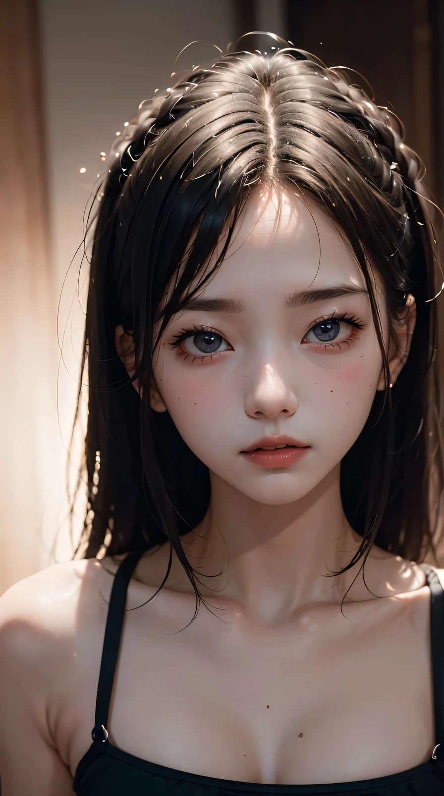 (masterpiece, best quality, beautiful girl, pretty face:1.2), (close face:1.1), 8k, official art, original photo, Ridiculous, crop top, looking at the audience, thin and long, teenager, face light, film grain, Color difference, sharp focus, Dynamic lighting, movie lighting