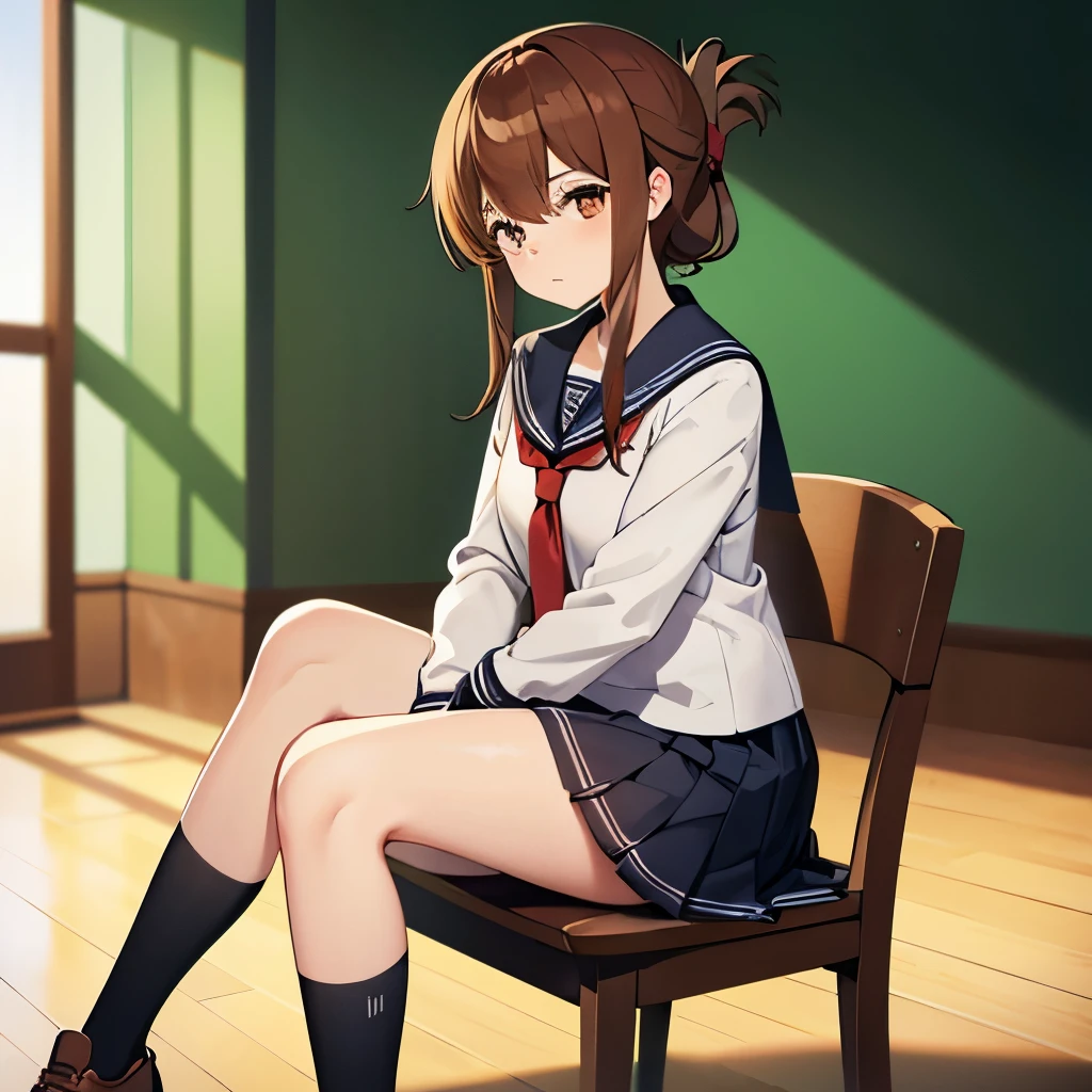 sit in a chair, Look to the right,I am not feeling well and am holding my knees while observing a class on the floor of the school gymnasium.,(masterpiece, best quality:1.2),illustration,8k,hd,1girl,solo,upper body,(portrait:1.2),brown_hair,folded_ponytail,brown_eyes,serafuku,long_hair,school_uniform,skirt,pleated_skirt,