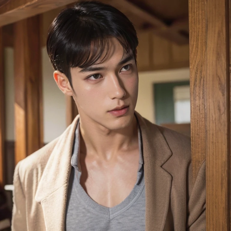1 handsome Japanese guy,24 years old,library,Handsome and handsome,patrol security,Japan security,intercom,truncheon,full outfit:police clothes,The body is slender,High,Muscles look good,hairy body,Wheat complexion,sexy,black eyes(thin eyes 1:3),whole body image