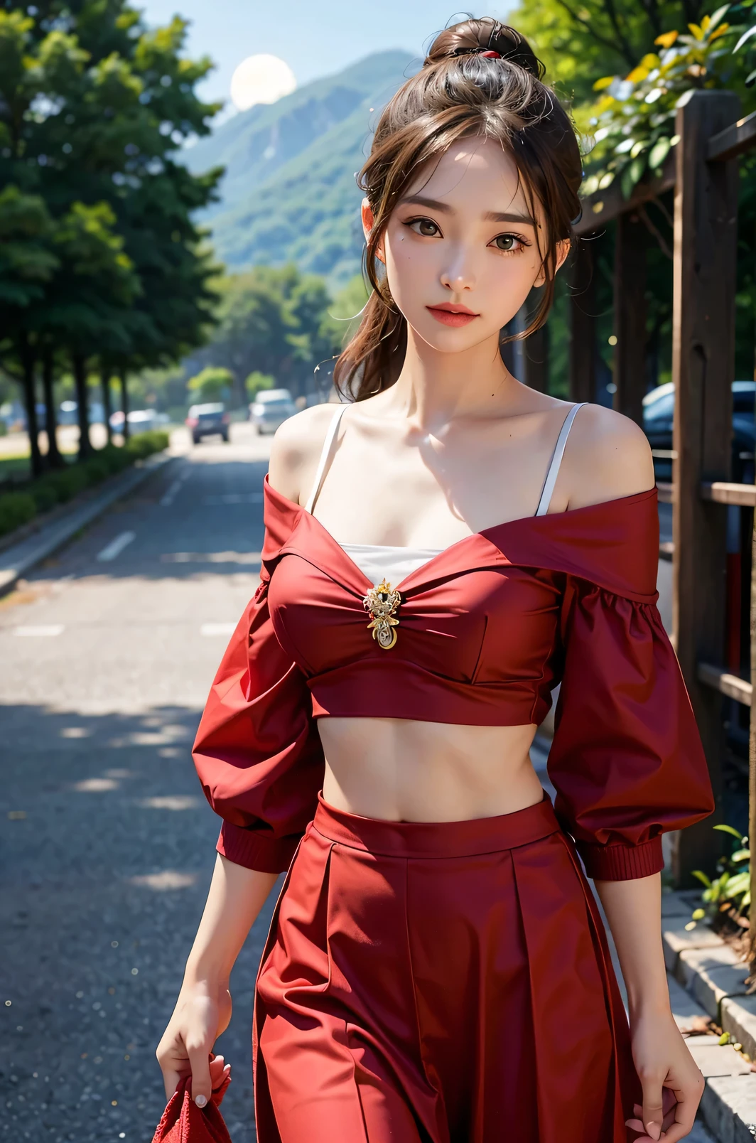 best quality,surface focus,look directly at the audience,Soft light,(depth of field),ultra high resolution,(Realism:1.4),original photo,Big breasts,red clothes,open navel,bare shoulders,through bangs,Long ponytail hairstyle,(sportswear:1.4),(View from the front)1 girl,solo,Lovely,(Shy,Smile:1.1),(brown eyes),Detailed beautiful face,(noon_hair), night moon,Walk,(off shoulder shirt),