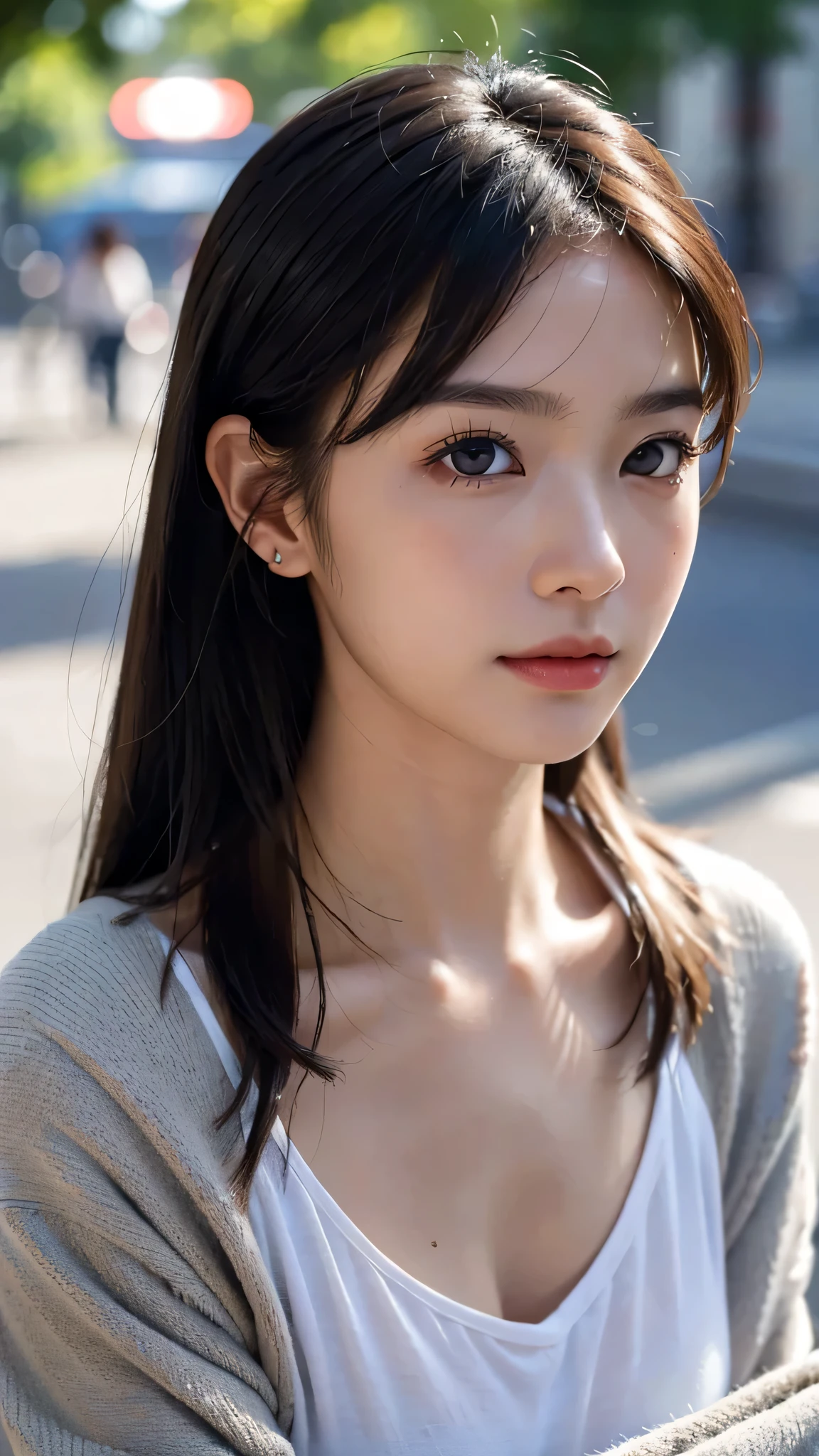 One woman,fully body photo,masutepiece, The highest image quality, High quality, the background is clear,Beautiful woman, Japanese, Detailed, Detailed eyes, Detailed skin, Beautiful skin, 超hight resolution, (reality: 1.4),Very beautiful woman, Slightly younger face, Beautiful skin, slender, (Ultra photo realsisim), (hight resolution), (8K), (Very detailed) (beautifully detailed eyes), (super detailed), (Detailed face), view the viewer, Fine details, Detailed face, Staring straight ahead, Staring straight ahead, photos realistic, Bright lighting, Professional Lighting, Black hair,poneyTail,a ,sixteen yTail,ロングのponeyTailの髪型,slight smile,neat and tidy clothing,European Streets