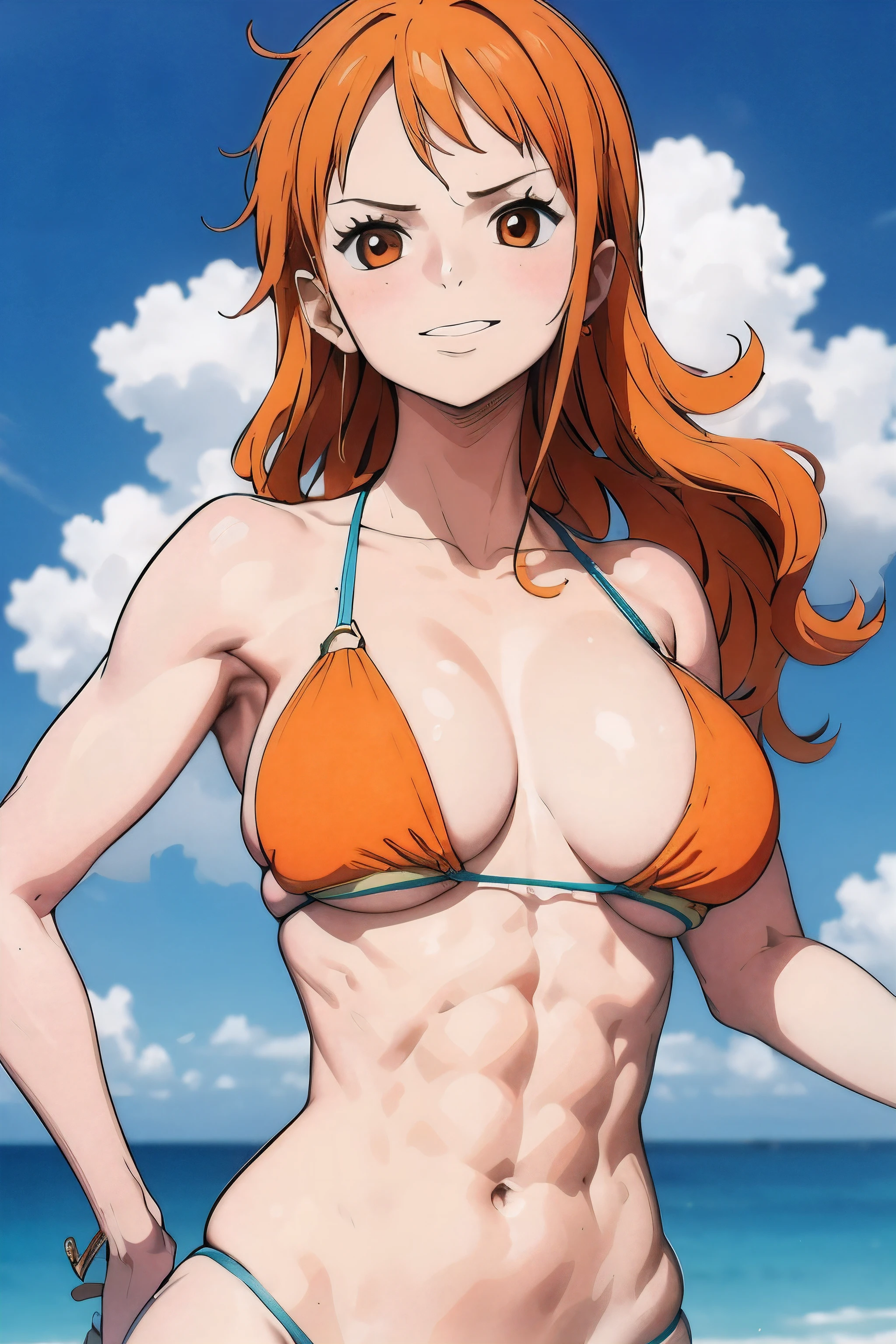 highest quality, masterpiece, across the sea,1 girl (abs:1.3), orange hair, muscular, shoulder tattoo