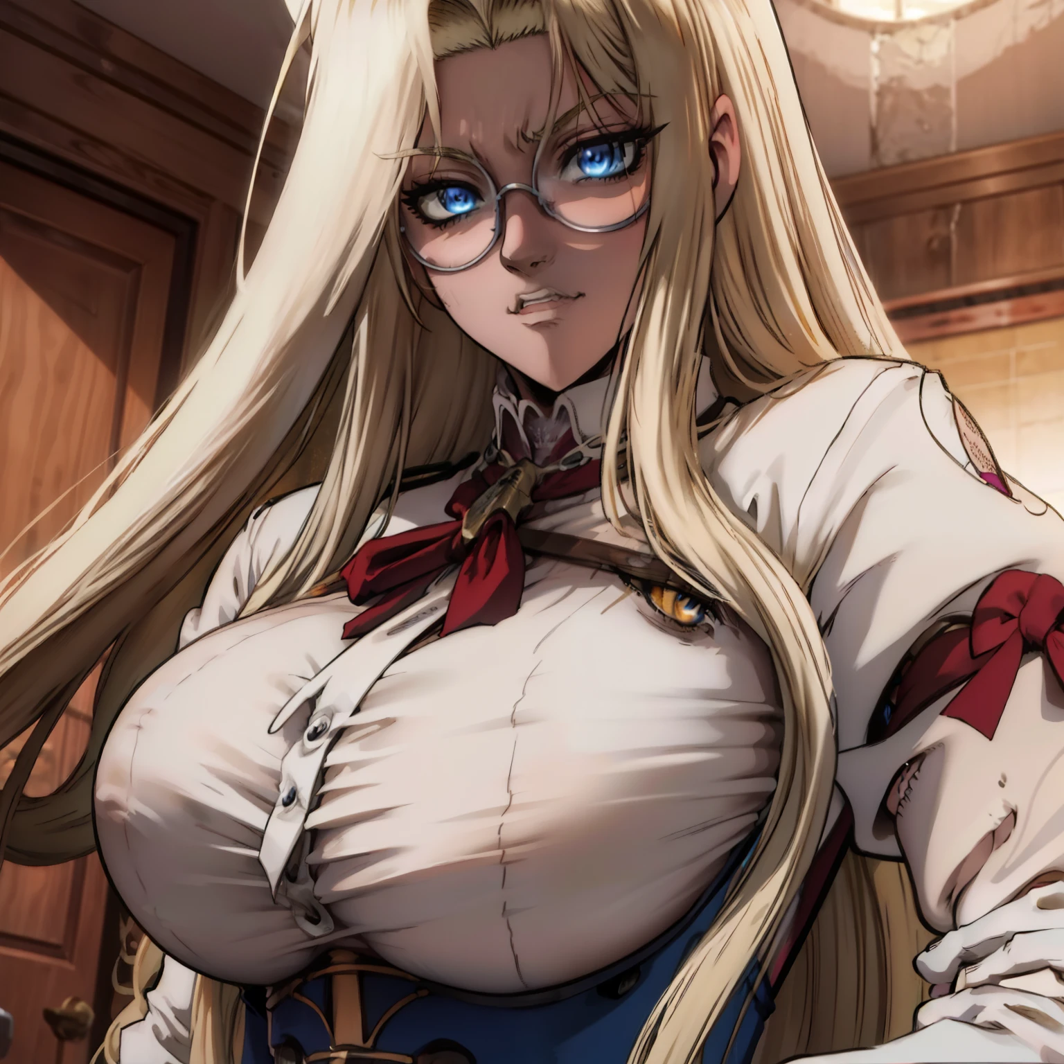 Integra hellsing, detailed face, long blode hair, breasts, large breasts, breast focus