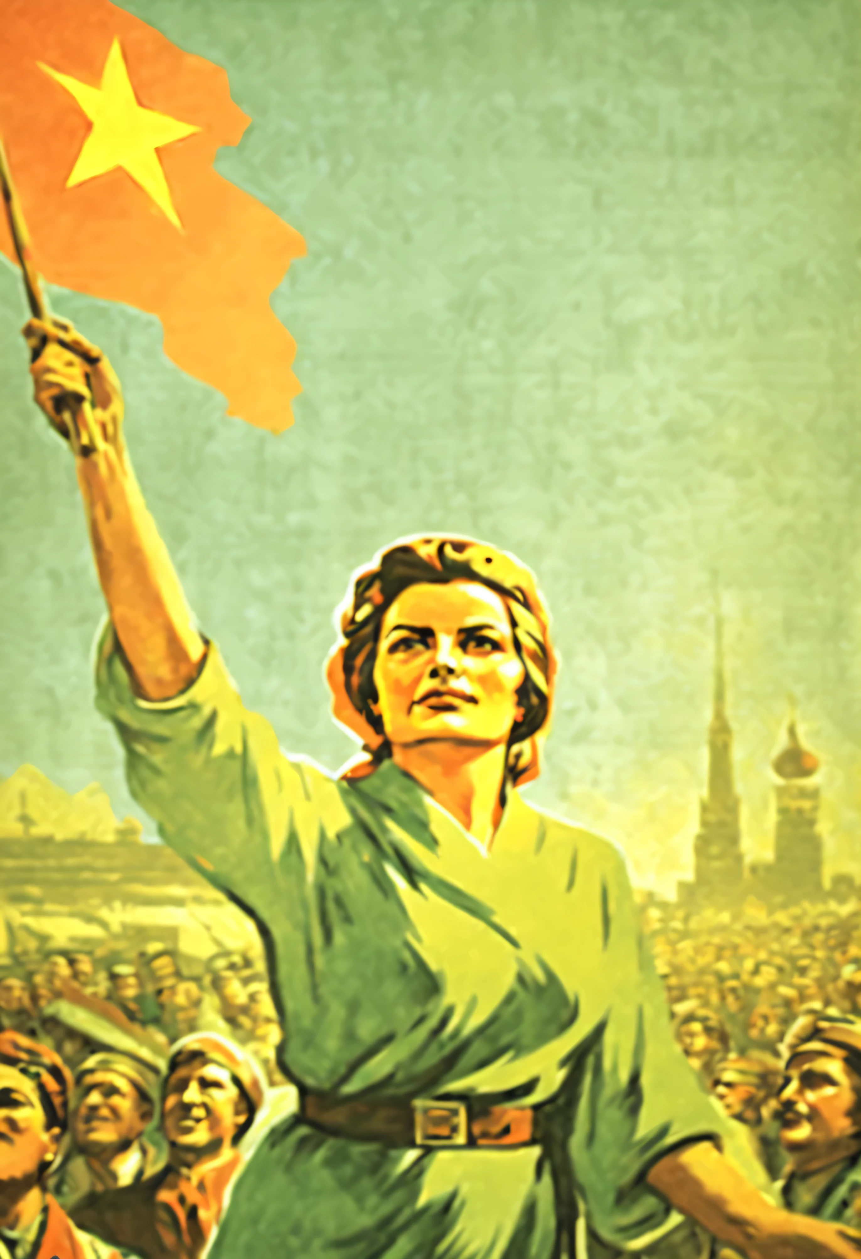 CCCP poster, soviet poster, The flag of the USSR in the background, Poster of the USSR, Soviet Union poster, The October Revolution, (text: (Peace Labor May!)), (1 girl), (One), ( middle-aged woman, standing straight, USSR woman, celebrate a woman, light green robe, worker, traces of oil on clothes, ponytail haircut), ((CCCP Poster, Советский poster)) пропагандистский poster, poster, good body, Дизайн posterа, poster art style. 1980s, 1950s, 1960s, main color scheme, Very colourful poster, color art, Rule of thirds, inspiring, revolutionary general