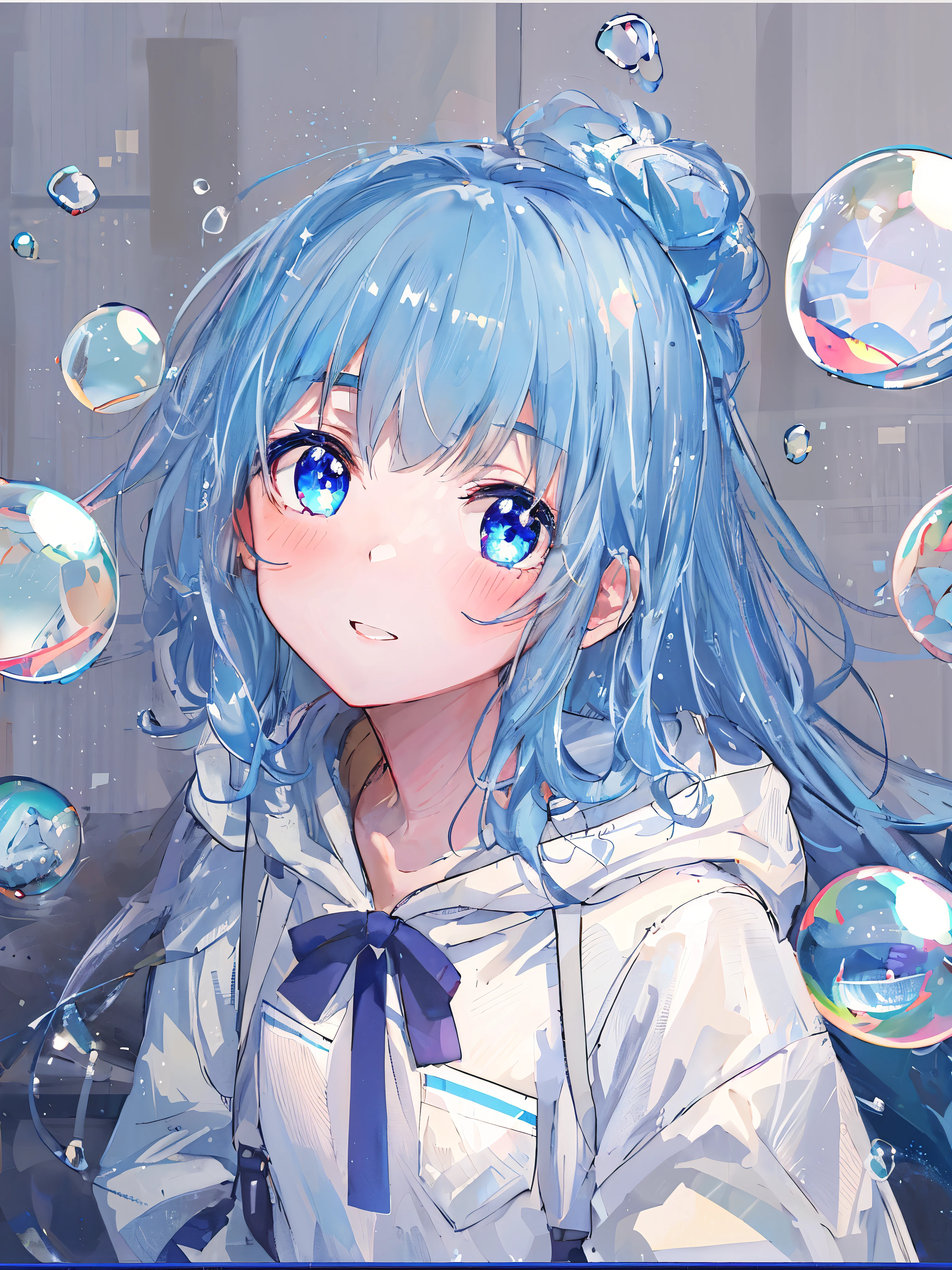 ((highest quality)), ((masterpiece)), ((Super detailed)), (very delicate and beautiful), 女の子and, Report, cold attitude,((white hoodie)),彼女はandても(relax)and(Calm down)exterior,written boundary depth,evil smile,bubble, underwater, エアbubble,underwaterの世界の明るい水色の目,明るい白髪and水色の先端を持つインナーカラー,,,,,,,,,,,,,,,,,,,,,cold background,Bob Hair - Linear Art, shorts、knee high socks、white uniform like school uniform、light blue ribbon tie、My clothes are transparent、The hand in my right pocket is like a sapphire,Fronresse Blue, A small blue light was floating、wonderful eyes、self snap,self snap、My bangs fall into my eyes, give a sexy impression.