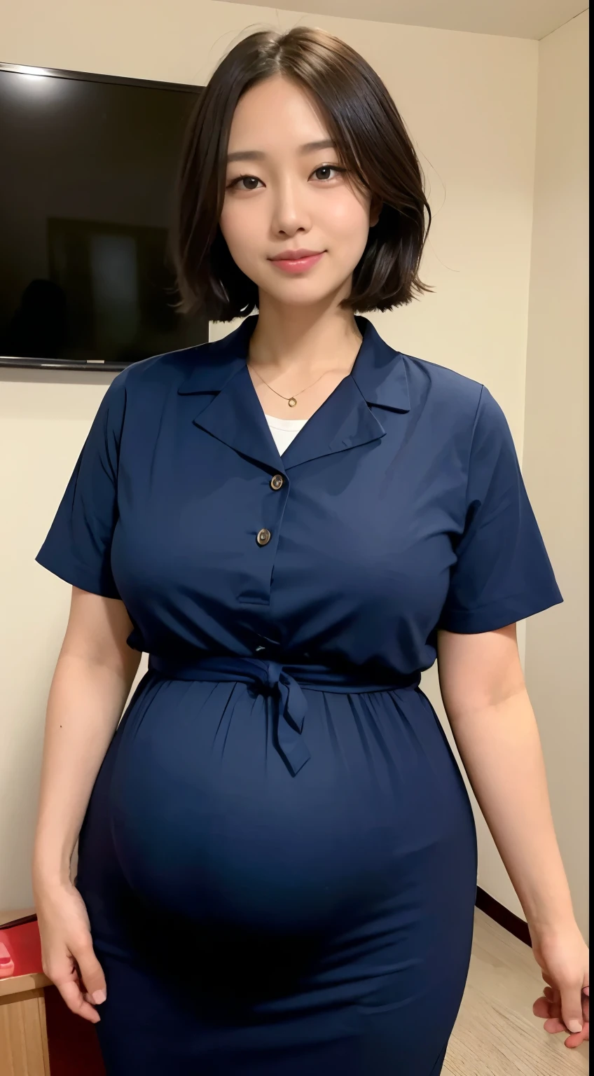 ((top-quality、8K、masterpiece:1.3)),Clear, Fine-grained skin、Beautiful clear eyes、Big breasts、huge pregnant、heavily pregnant、overdue pregnant、Thin waist circumference、Japanese high school students、japanese hight school uniform、a sailor suit、Classroom、Blonde Shorthair 、Active Actions、The best smile、appearance々Sit at your desk、