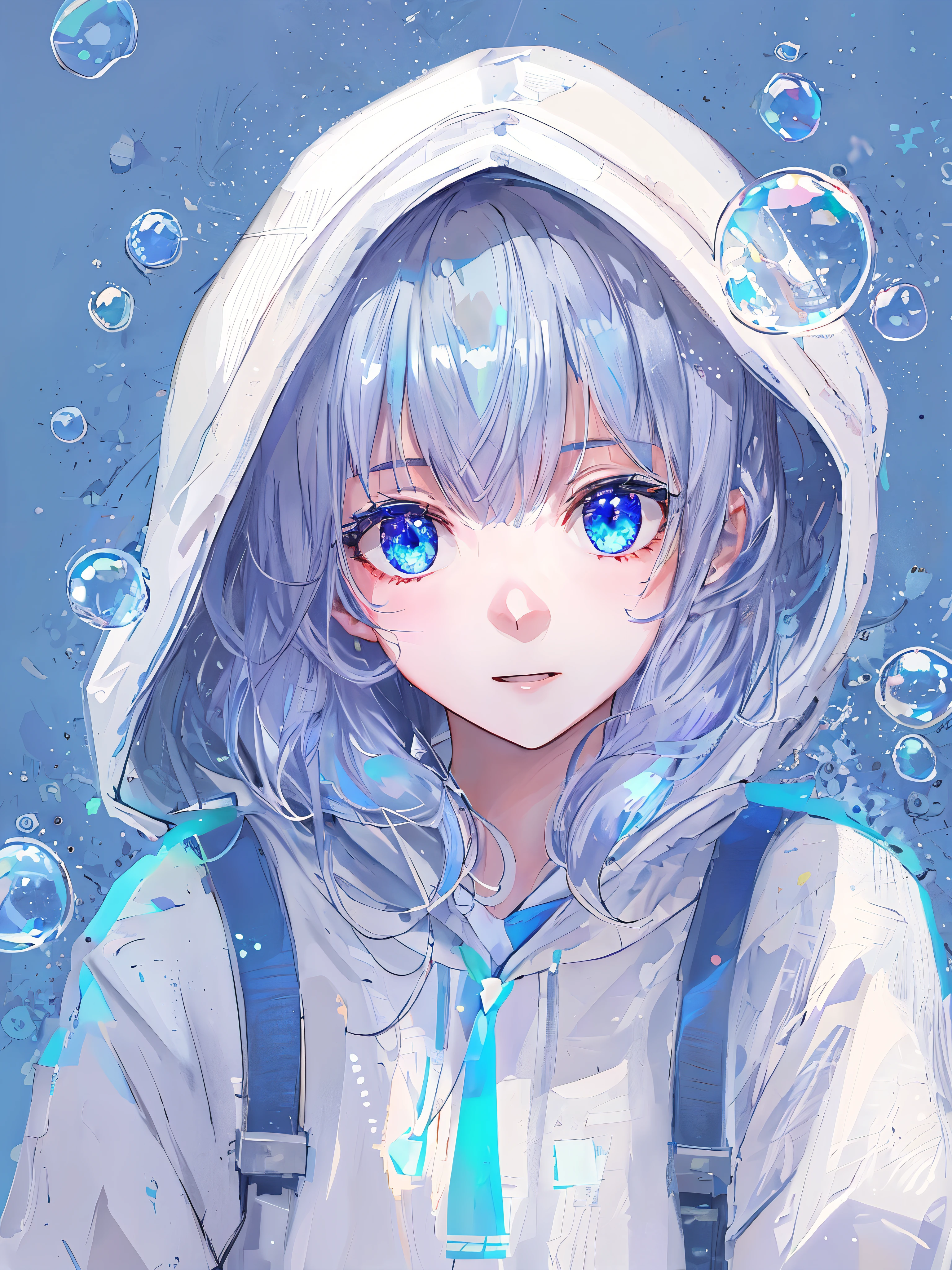 ((highest quality)), ((masterpiece)), ((Super detailed)), (andても繊細で美しい), and a girl, alone, cold attitude,((white hoodie)),彼女はandても(relax)and(Calm)exterior,written boundary depth,evil smile,bubble, in water, bubbles,bright light blue eyes of the in water world,ライトグレーのインナーカラーandライトブルーの毛先,,,,,,,,,,,,,,,,,,,,,,,cold background,Bob Hair - Linear Art, shorts、knee high socks、white uniform like school uniform、light blue ribbon tie、My clothes are transparent、The hand in my right pocket is like a sapphire,Fronresse Blue, A small blue light was floating、wonderful eyes、self snap,self snap、My bangs fall into my eyes, give a sexy impression.