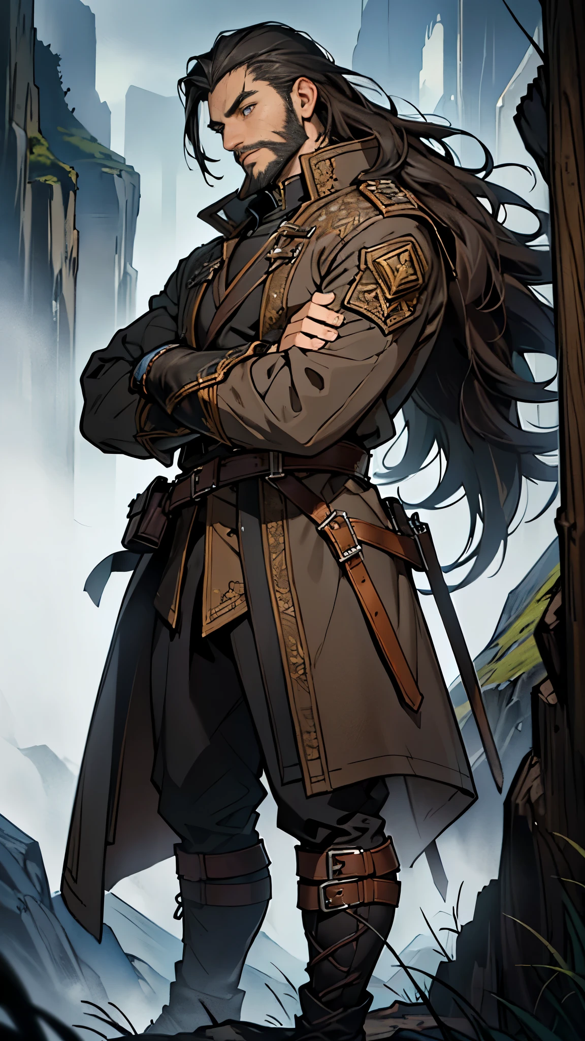 (masterpiece, sidelighting, finely detailed beautiful eyes: 1.2), ((best quality, detailed face)), ((masterpiece)), (highly detailed:1.3), young man, standing on cliff, side view, long black hair, slight visible facial hair, surrounded by fog, scar on eye, (adventurer clothes), crossed arms, brown coat, high boots,