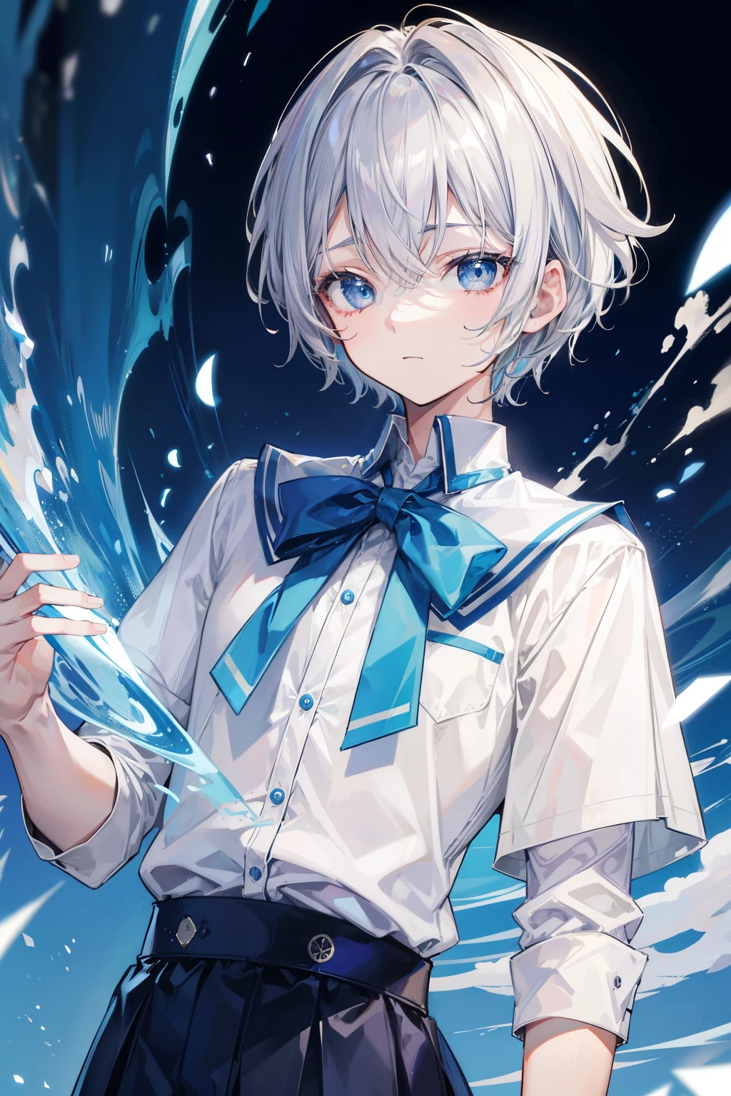 silver haired boy、short haired、holding a blue ribbon、Plot something、laughter、17 years old、blue eyes、high school student、Boys' High School Uniforms、shirt、High resolution、super detailed