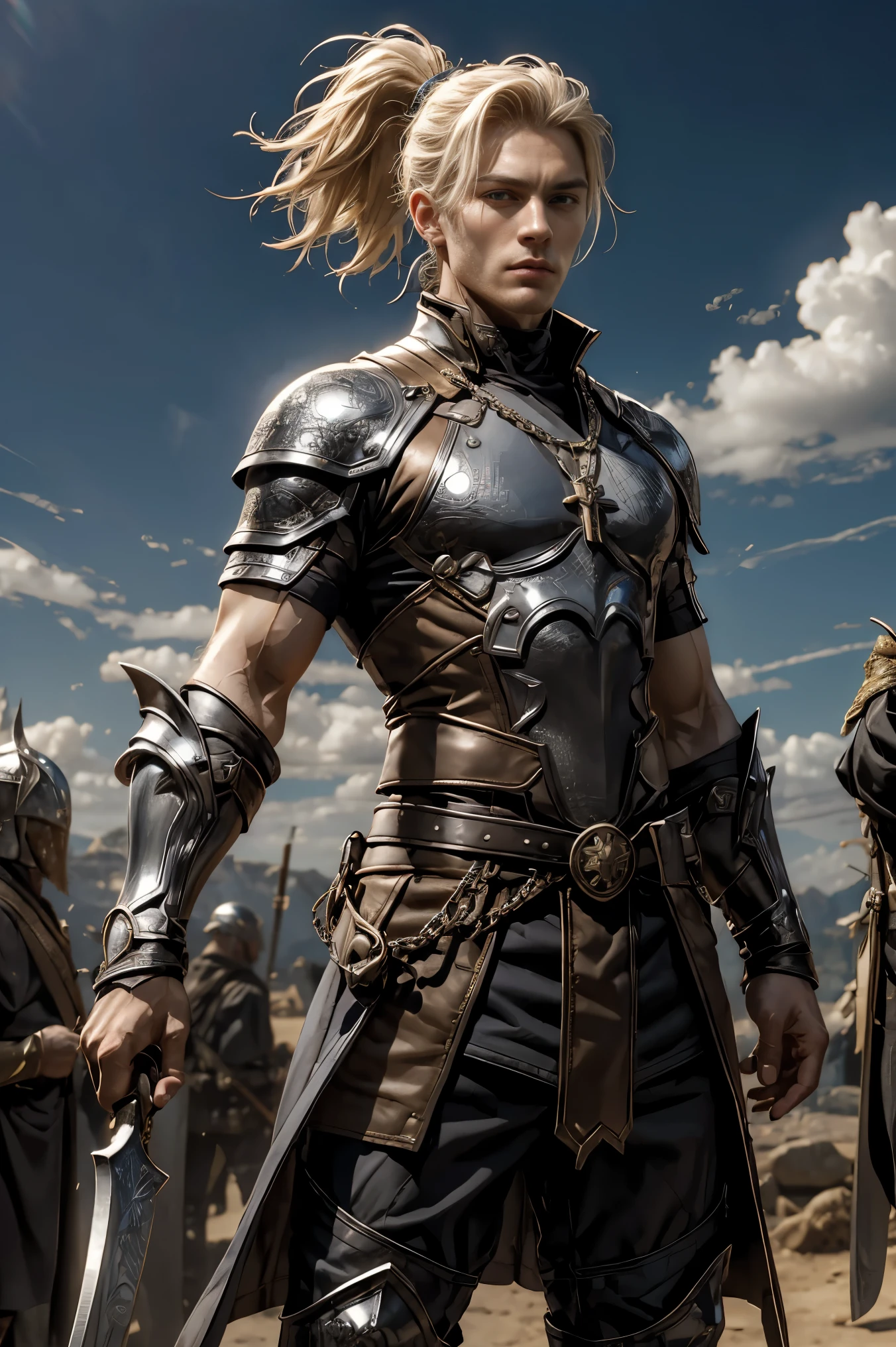 "A magnificent piece of art in high definition, depicting a handsome, lonely character with blond hair and a stylish high ponytail wearing silver chain mail., personifying the essence of a noble and virtuous Holy Warrior."