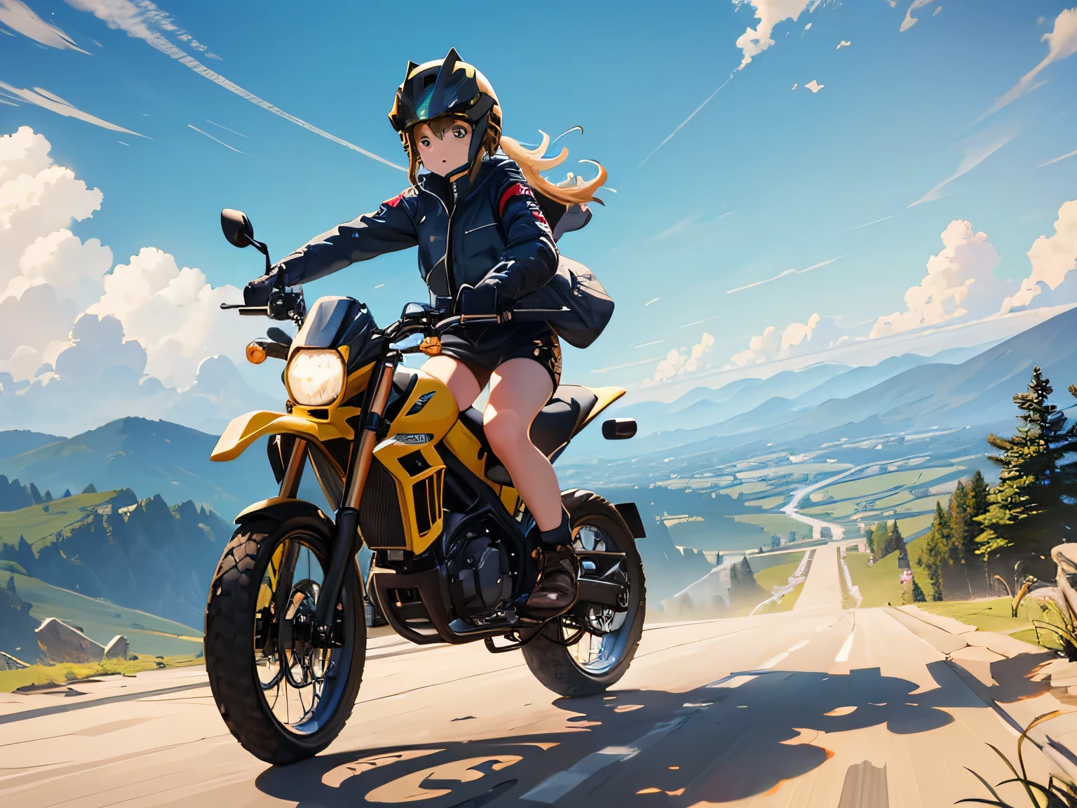 highest quality, 8k, masterpiece,(1 Girls 1.5), (wearing a half helmet, Jacket, and shorts), (ride an off-road bike),