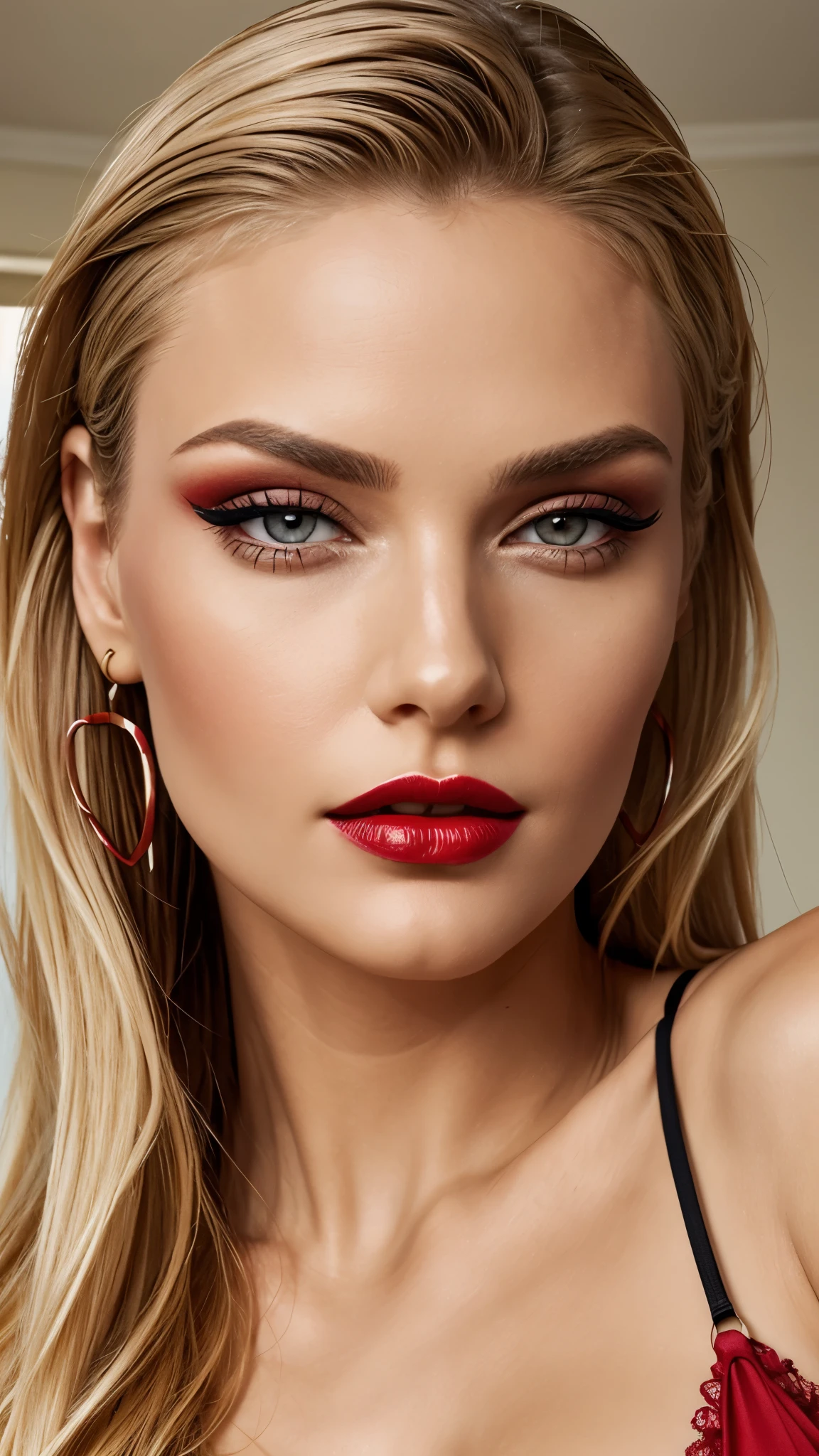 Red make-up,  red lipstick, slicked back Blond hair, Detailed Face, Detailed Lips, Detailed Eyes, 