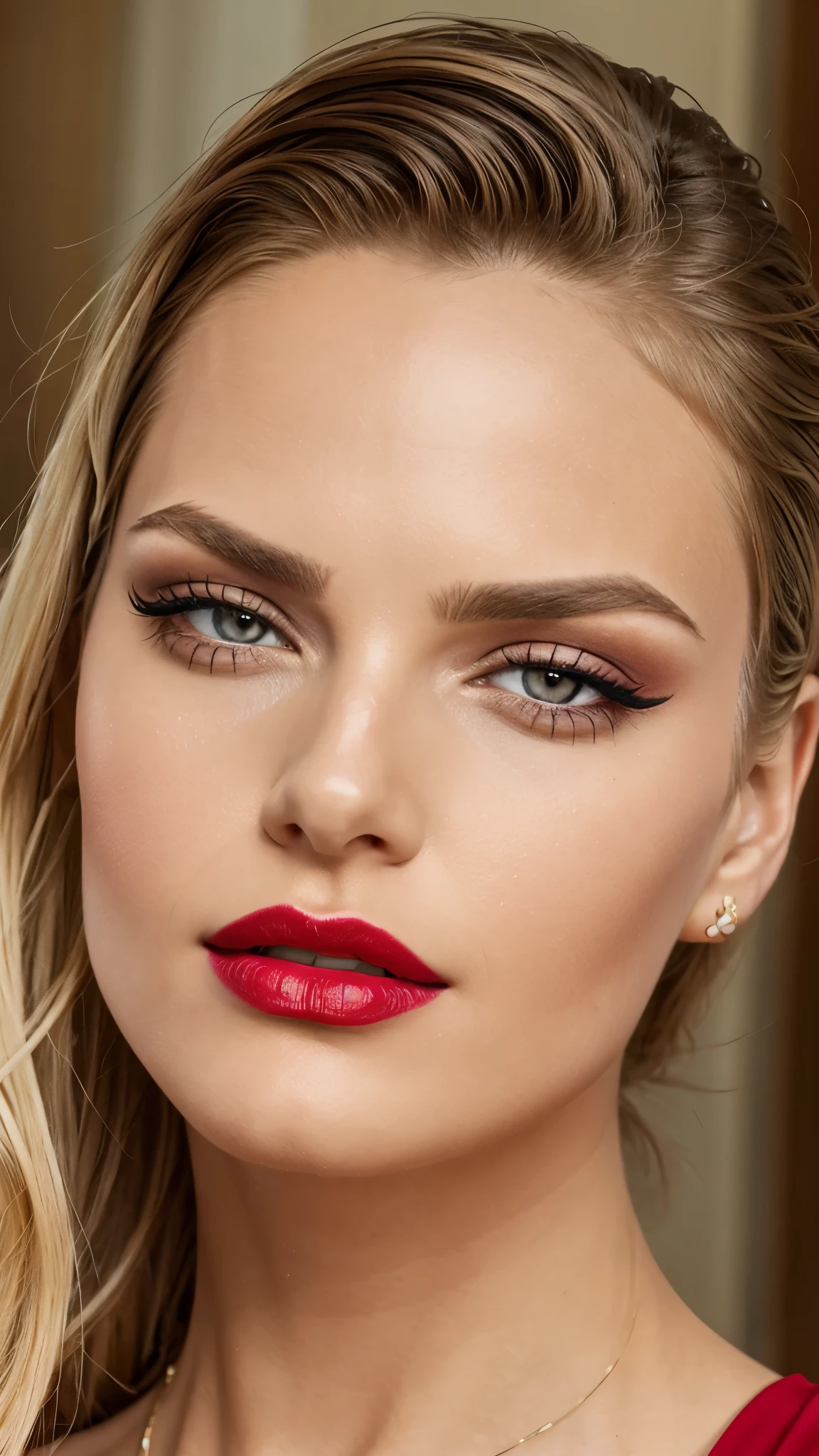 Red make-up,  red lipstick, slicked back Blond hair, Detailed Face, Detailed Lips, Detailed Eyes, 