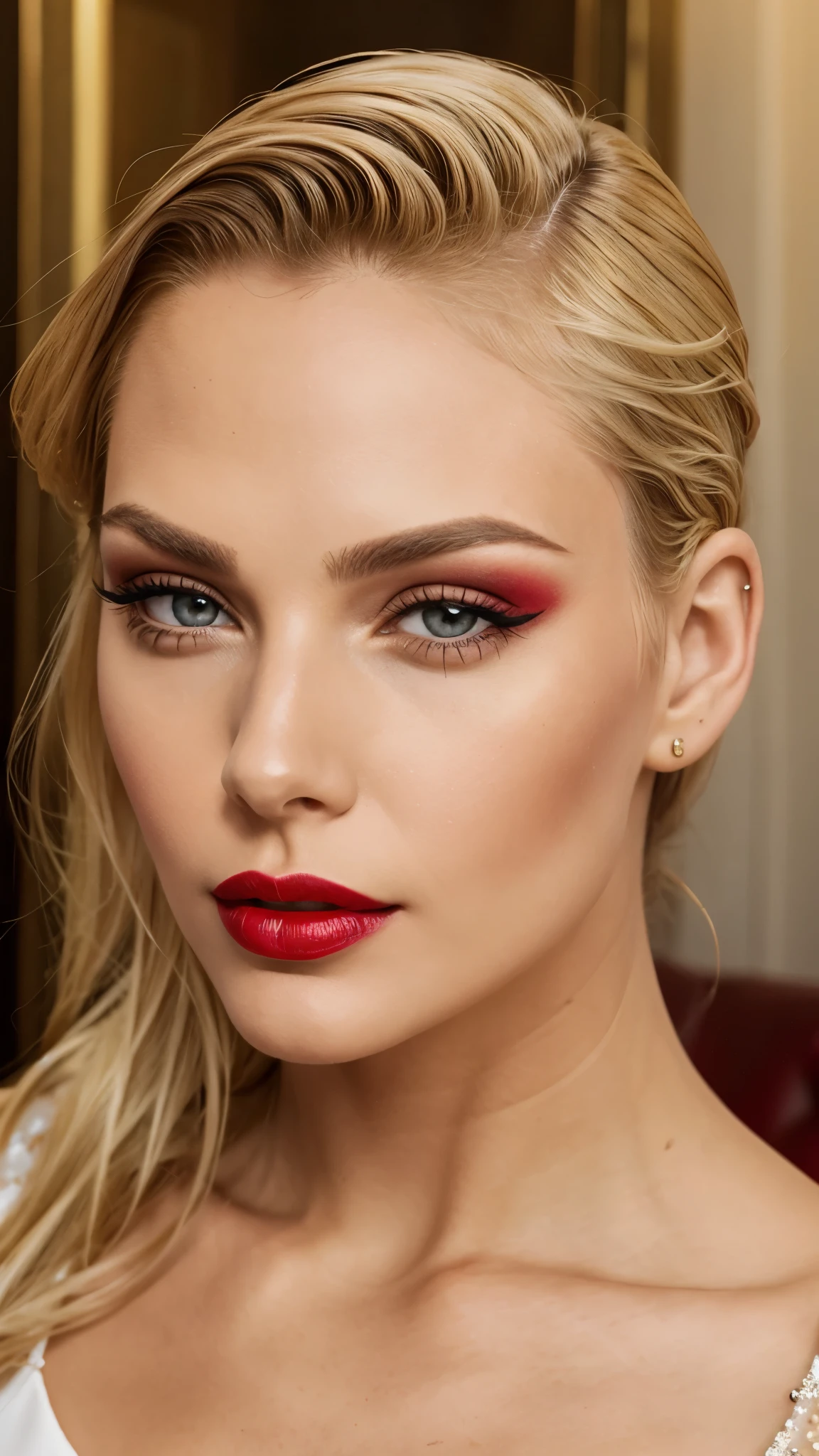 Red make-up,  red lipstick, slicked back Blond hair, Detailed Face, Detailed Lips, Detailed Eyes, 