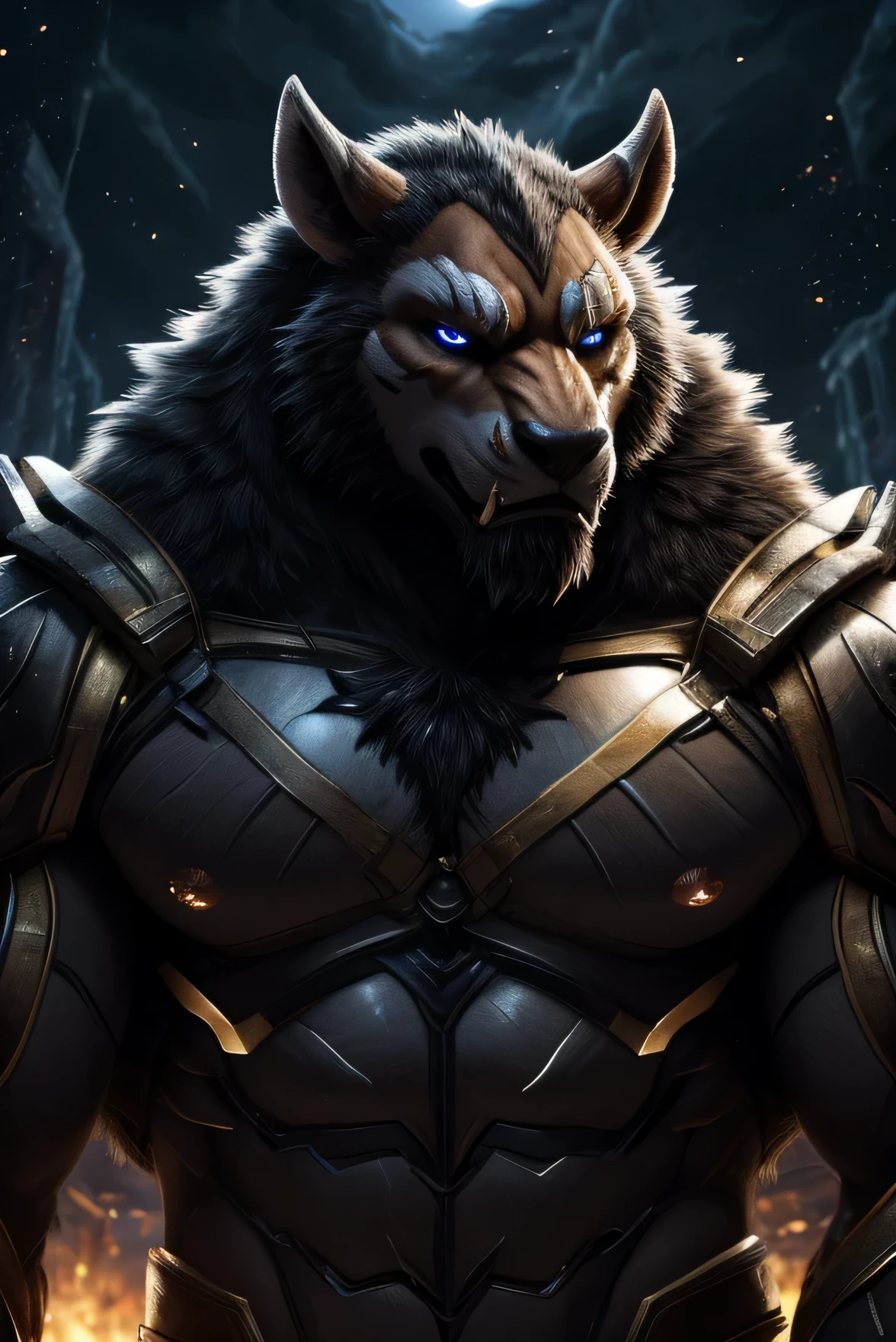 power is power、Strong warrior、dark background、light shines in the sky、beast