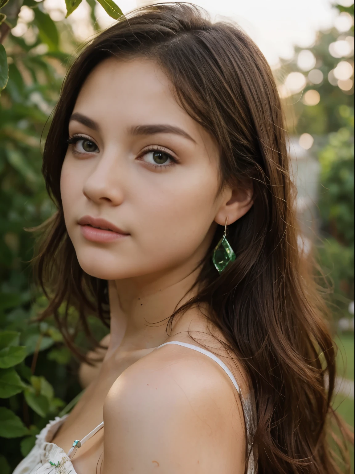 Photo of a 20 year old brunette woman, that  has a very natural face,  thin lips, thin eyes, thin eyebrows, thin nose, earrings, green eyes, long eyelashes. She makes a cute picture in a garden.