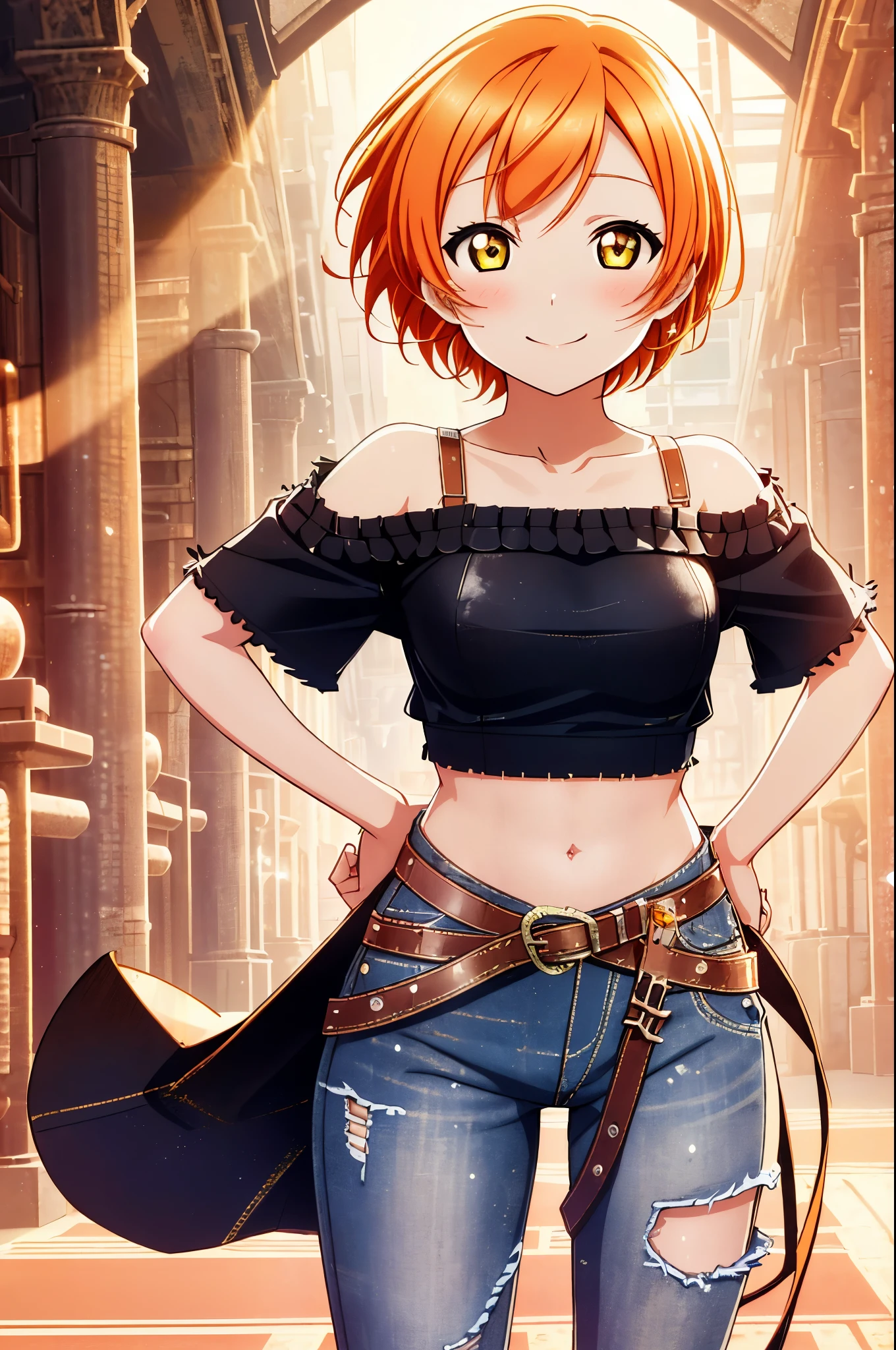 Hoshizora rin, orange hair, yellow eyes,Best Quality,(beauty),phisically-based render ,ultra highres,(cowboy shot:1.5), skinny, big eyes,long legs,torn jeans,leather belt,small breasts,puffy eyes, leather belt,on red carpet, shiny skin, (midriff), off shoulder,torn top, smile 