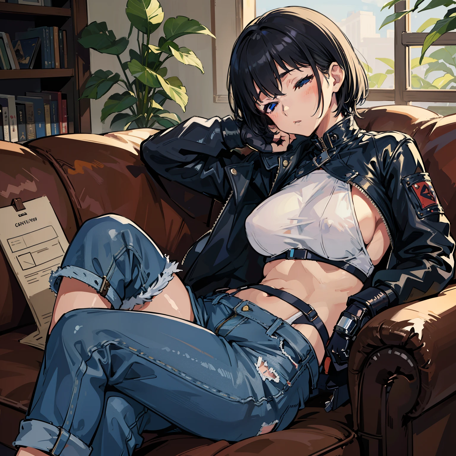 absurdres,award winning photo, extremely detailed, amazing, fine detail, Japanese woman, blue crop top, big breasts, denim jacket and minishorts, short black hair, MMA gloves, sleeping on the couch with a milk cover the Jacket