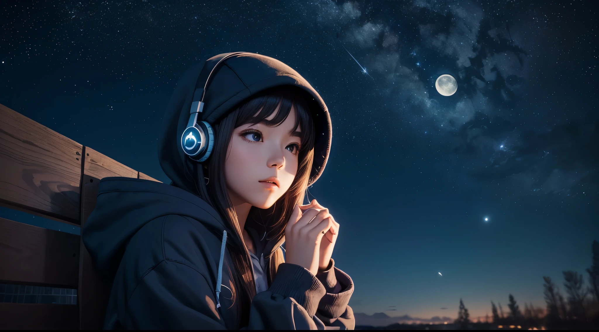 (Comfy space, nature vision, stars, moon,constellation,colors)
(girl looking to the sky pointing the moon,headphones,hoodie.)