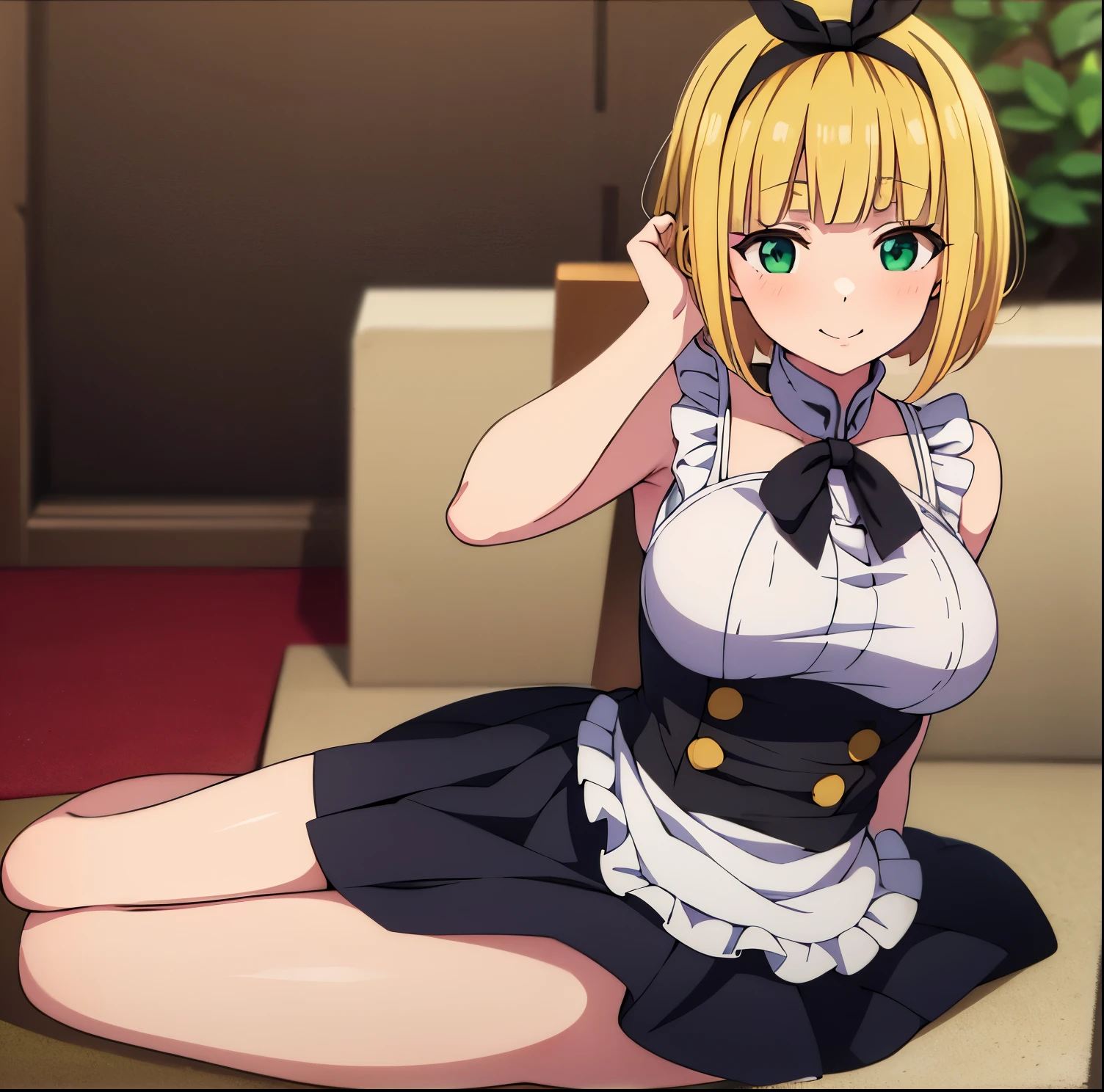 1girl, alone, shushu suruga, (masterpiece), best quality, (((ultra detailed, 8k quality))), expressive eyes, perfect face, perfect anatomy, perfect hands, perfect body, scene, blonde hair, short hair ,green eyes, bob cut, black headband, black bow, black maid outfit with white details, maid headdress, white headband, neckline, skirt, garden, smile, embarrassed, seductive, big breasts, medium waist, wide hips, medium thighs