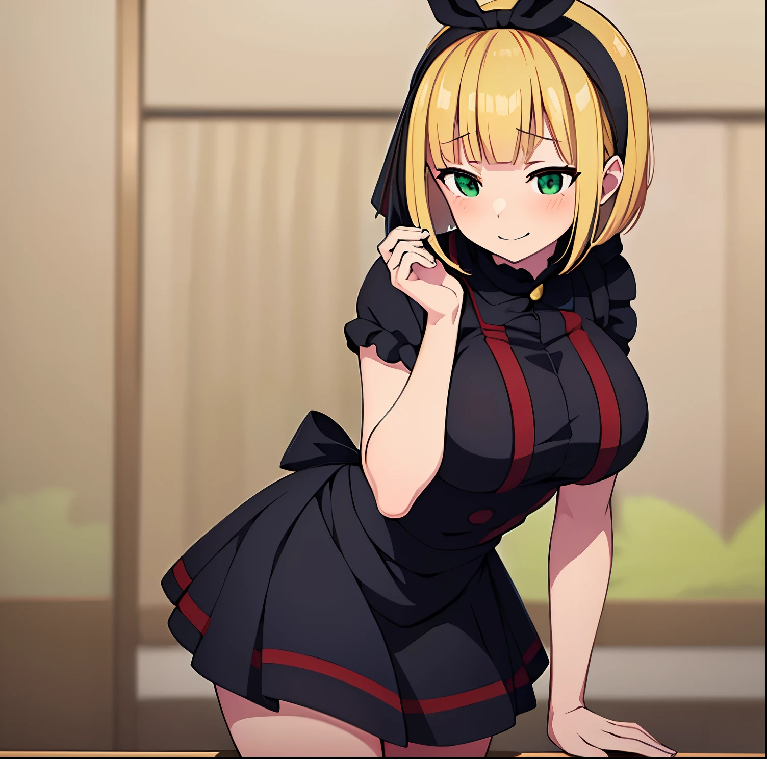 1girl, alone, shushu suruga, (masterpiece), best quality, (((ultra detailed, 8k quality))), expressive eyes, perfect face, perfect anatomy, perfect hands, perfect body, scene, blonde hair, short hair ,green eyes, bob cut, black headband, black bow, black maid outfit with white details, maid headdress, white headband, neckline, skirt, garden, smile, embarrassed, seductive, big breasts, medium waist, wide hips, medium thighs