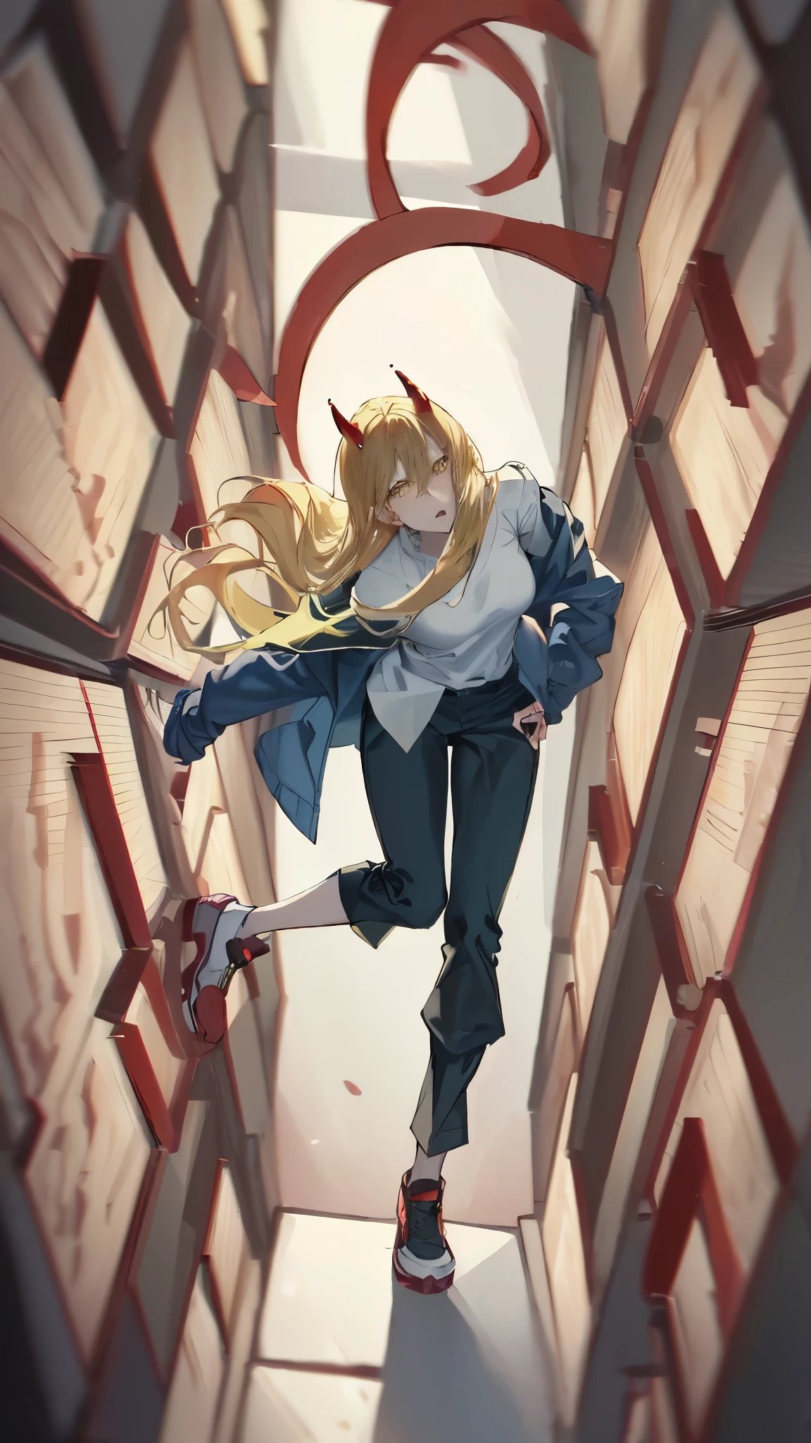 anime girl with long hair and horns bending over with her shoes, anime visual of a cute girl, anime girl with long hair, single character full body, (sharp_teeth:0.8), anime full body illustration, blonde anime girl with long hair, anime girl named "power" from-anime-chainsaw_man, power_chainsaw_man with long hair, the anime girl is crouching, female anime character,( ((corneo_power_v2)), (Power \(chainsaw man\), horns ( 2 horns), yellow eyes, blonde hair, red horns, jacket, white shirt, black slim trousers pants)), solid grey wall background