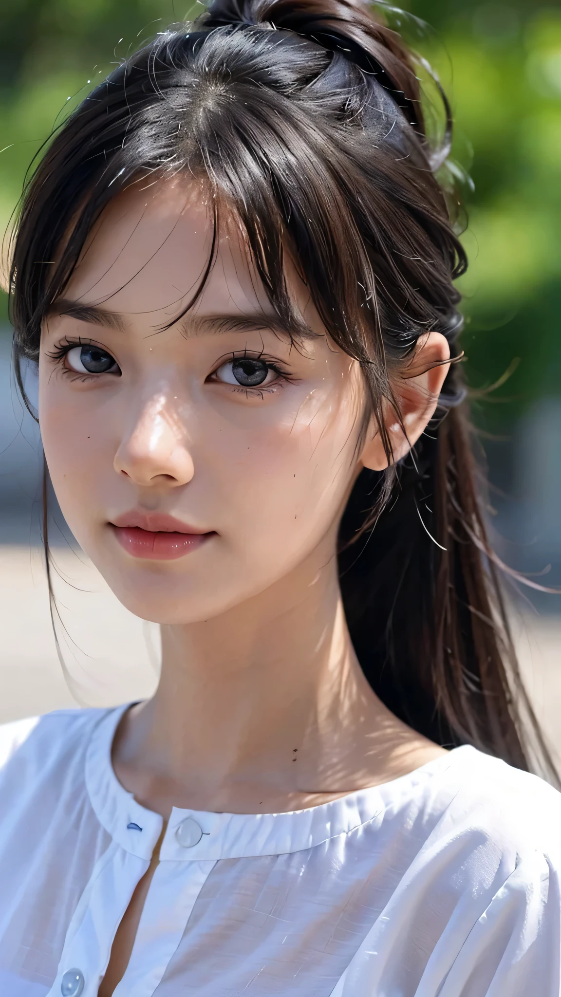 One woman,fully body photo,masutepiece, The highest image quality, High quality, the background is clear,Beautiful woman, Japanese, Detailed, Detailed eyes, Detailed skin, Beautiful skin, 超hight resolution, (reality: 1.4),Very beautiful woman, Slightly younger face, Beautiful skin, slender, (Ultra photo realsisim), (hight resolution), (8K), (Very detailed) (beautifully detailed eyes), (super detailed), (Detailed face), view the viewer, Fine details, Detailed face, Staring straight ahead, Staring straight ahead, photos realistic, Bright lighting, Professional Lighting, Black hair,poneyTail,a baby face,sixteen years old,髪型はponeyTail,ロングのponeyTailの髪型,slight smile,neat and tidy clothing,European Streets