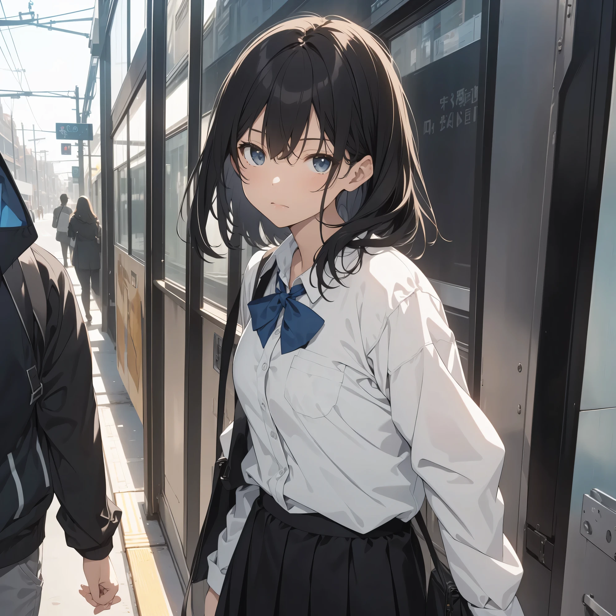 Ultra-highest quality by the art god, super detailed, High resolution, anime moe art style, Best Anime 8K Kona-chan Wallpaper, pixiv contest winner, perfect anatomy, break,(alone眠そうに学校に行く女の子を描いてください. )break, 1 girl: (alone, woman,13 yeaAll limbs, full finger,, The charm of an immature body, (very short hair,boyish hair), flat chest, small ass, between legs, small black eyes, detailed and beautiful eyes, Well-proportioned iris and pupils, expressive eyes, High resolutionの詳細な髪, ribbon, skirt, Ascot, pleated skirt, school uniform, school bag. (detailed lighting), (detailed background), On the way to school. break,super dense skin, Best lighting by famous artists, 8k, figure,Hmm, rough skin