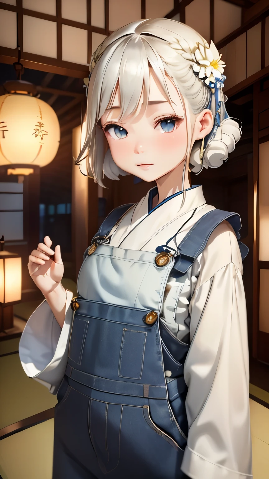 (((dark room)))、Girl Looking Sideways:1.2、Landscape:1.2、An ennui look、(((Blurry overall:1.2)))、pale colors、A mysterious space、big flower hair ornament、white flower hair ornament、beige hair、cute face、small breasts、medieval white shirt、blue apron、(((Increased depth of field)))、big collar、Dim living room of an old Japanese house、tatami room、lantern、沢山あるlantern、candle、candleの灯、Pale flame、lantern