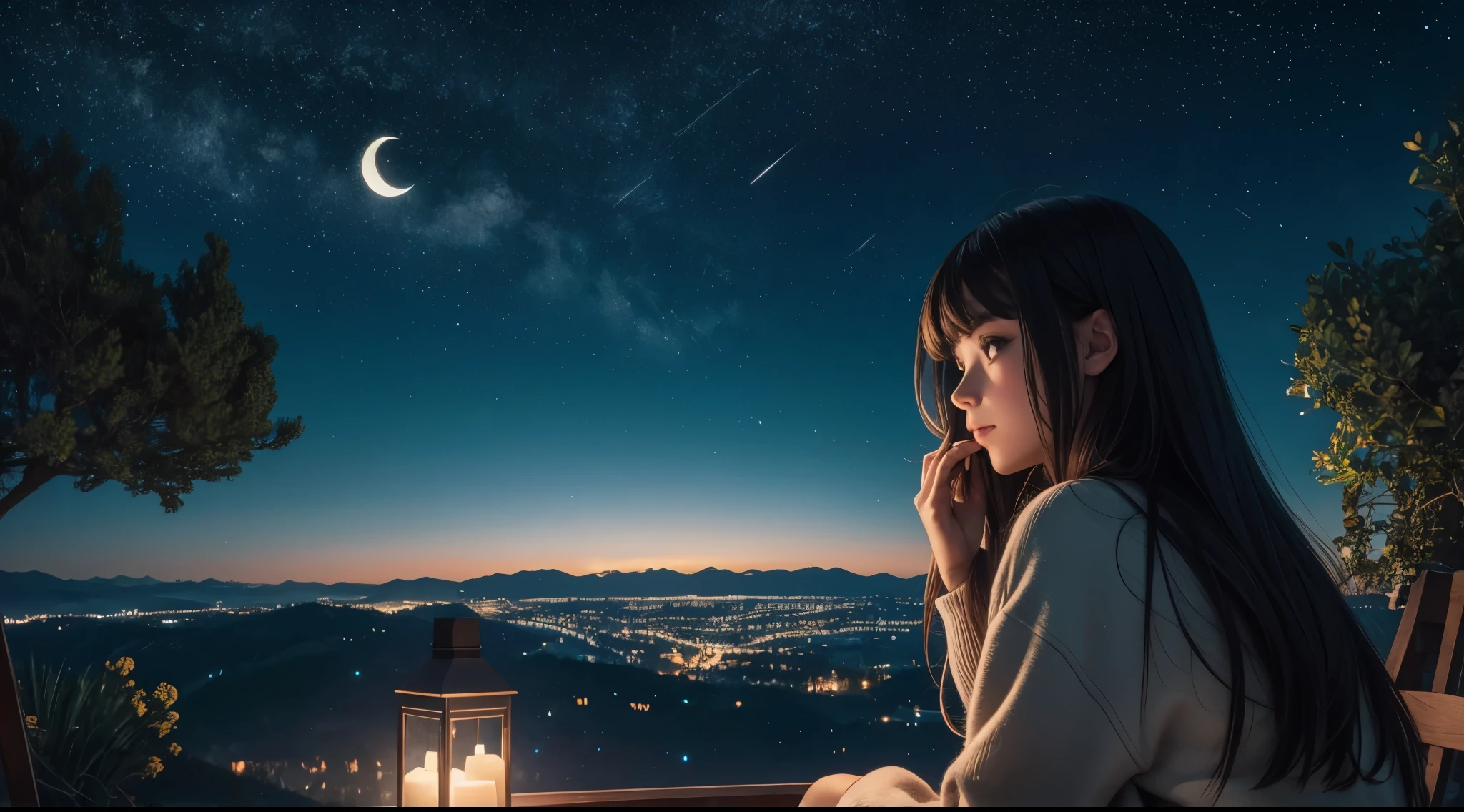 Comfy space, nature vision, stars, moon,constellation, girl pointing the moon.