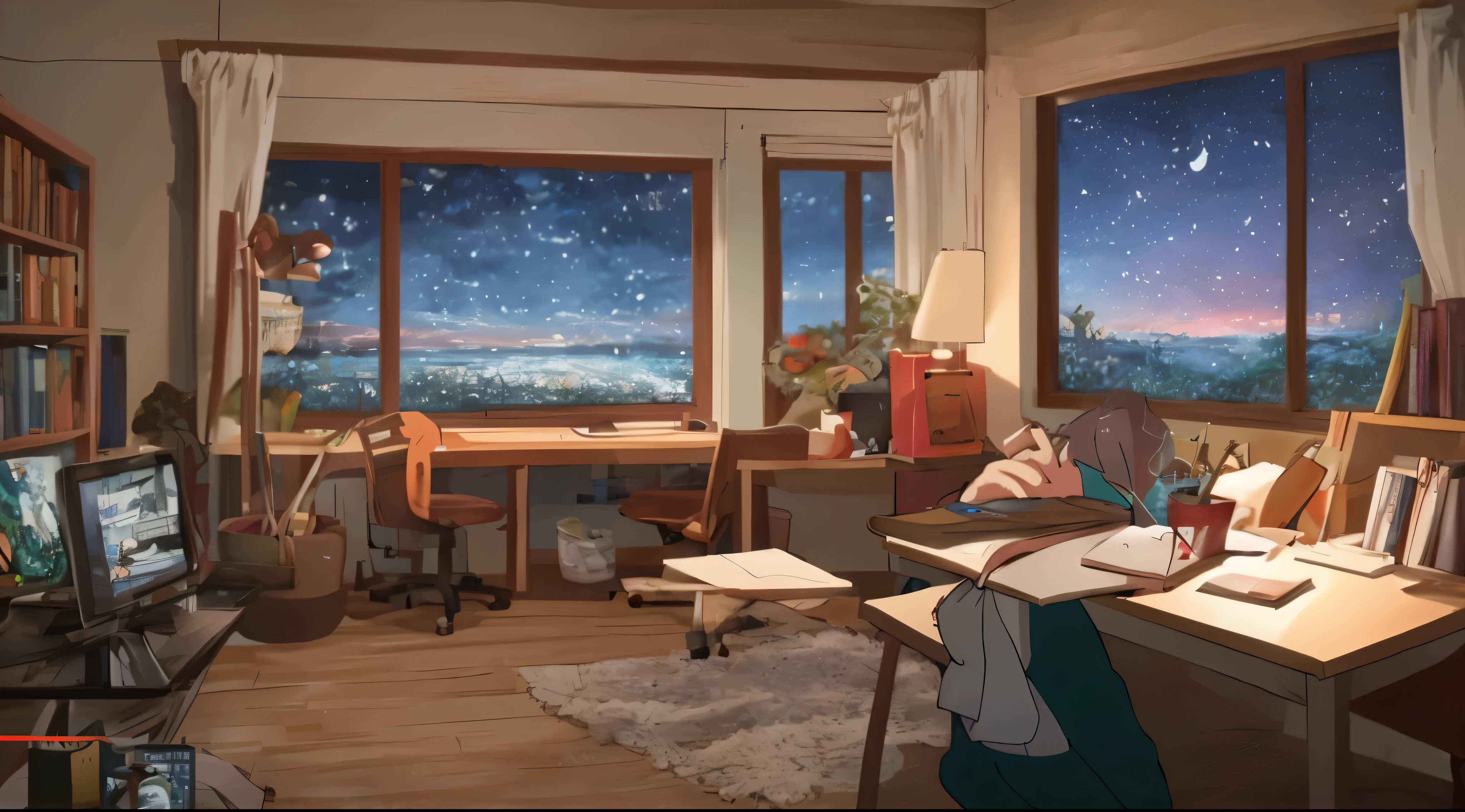 beautiful night view、inside the room、study、work。quiet environment、Anime-like room