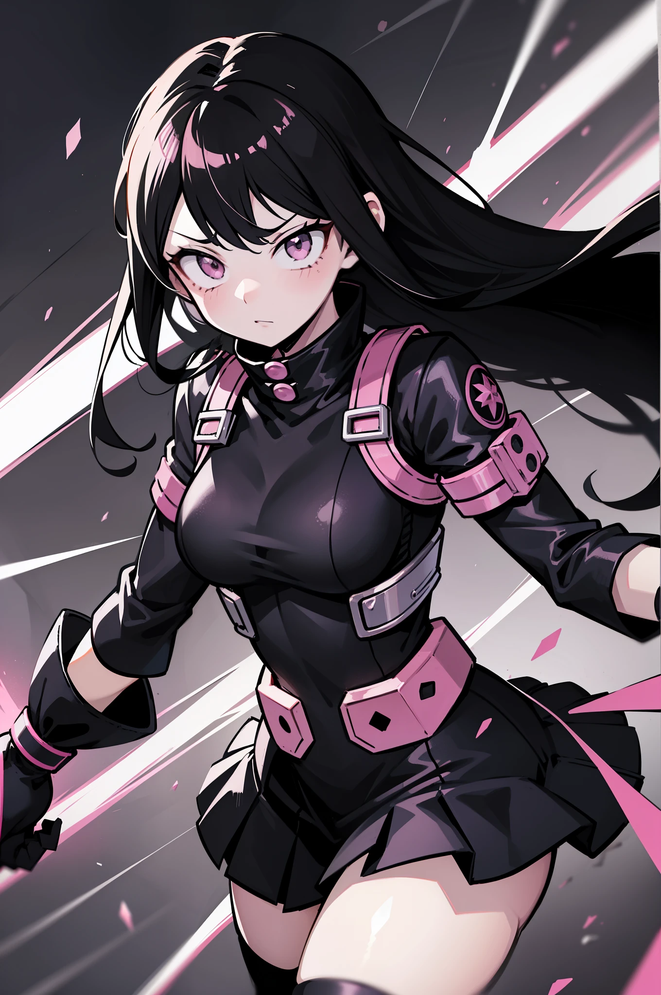 Estilo My Hero Academia,  anime, female, quadris largos, coxas largas, peito grande, Black Starfire is a mysterious heroine from Boku no Hero Academia with long black hair and striking bangs.. Corpo musculoso. Olhos rosa. Her hero costume consists of an all-black outfit that is a short black dress with pink accents and a high collar and short sleeves., combinado com meias pretas e botas coturno de combate. She also wears black gloves that help channel her pink power.. She is a character from Boku no Gero Academia.