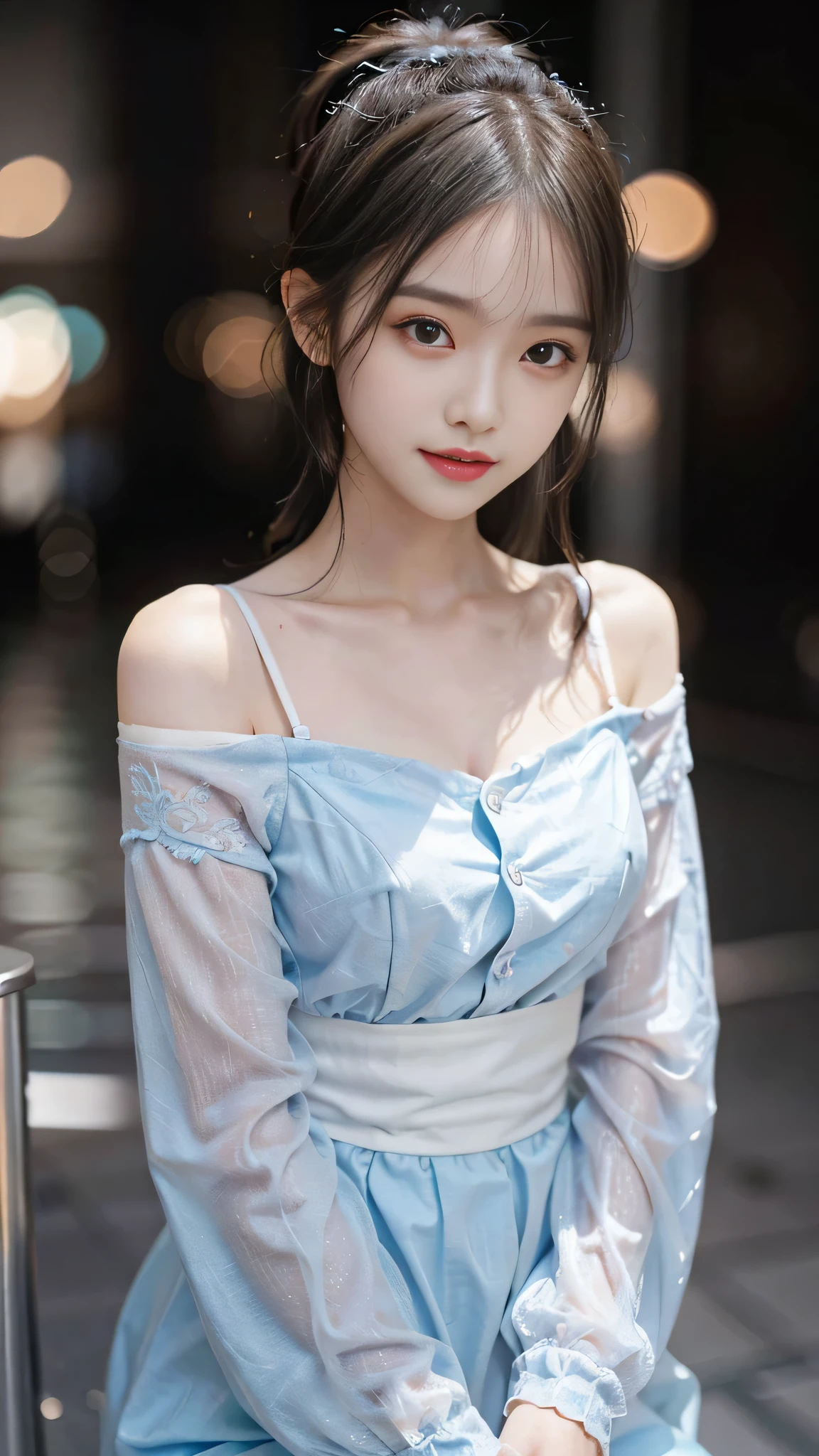 One woman,fully body photo,masutepiece, The highest image quality, High quality, the background is clear,Beautiful woman, Japanese, Detailed, Detailed eyes, Detailed skin, Beautiful skin, 超hight resolution, (reality: 1.4),Very beautiful woman, Slightly younger face, Beautiful skin, slender, (Ultra photo realsisim), (hight resolution), (8K), (Very detailed) (beautifully detailed eyes), (super detailed), (Detailed face), view the viewer, Fine details, Detailed face, Staring straight ahead, Staring straight ahead, photos realistic, Bright lighting, Professional Lighting, Black hair,poneyTail,a ,fifteen yTail,ロングのponeyTailの髪型,slight smile,neat and tidy clothing,European Streets,Beautiful Japanese KPOP idol photo, hair style is ponytail, my eyes are double and wide, baby face, smile and look ahead, slender, small breasts,