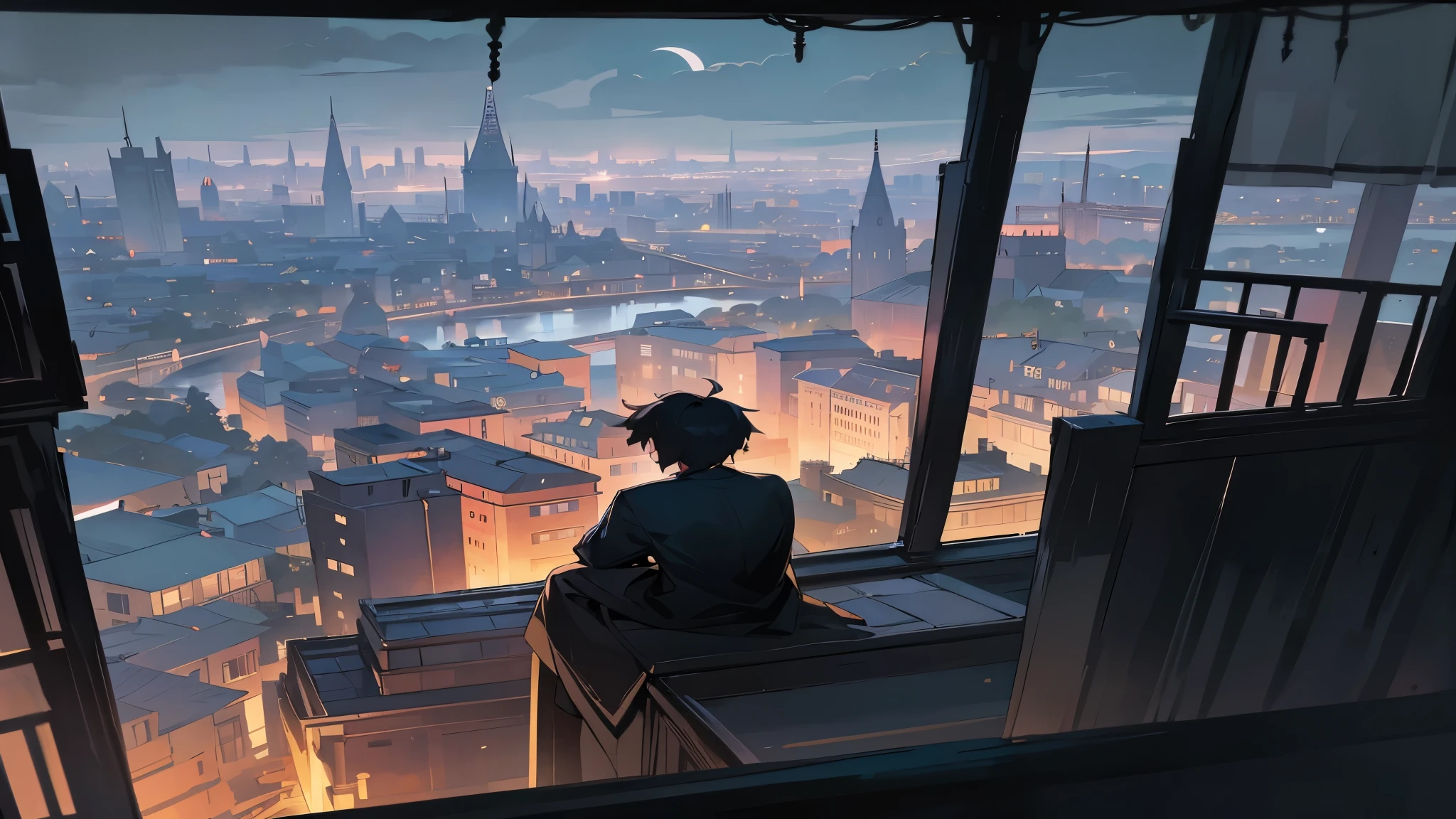 1 male、twinks、独奏、sitting on、room with、messy black hair、looking the viewer、Rough clothing、dark、City view at night from the window、Dark room、Flower pots on the windowsill、potted plant、Tulle transparent curtains、River embankment、along the river、Socialist classicism、high buildings、city light、Cityscape、luna、the clouds、Black sky、Lonely silhouette by the window