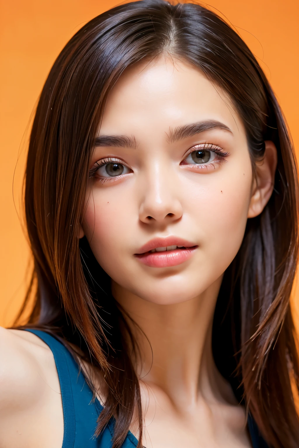((masterpiece)), ((best quality)), (Portrait of beautiful girl), Perfect and detailed eyes, Perfect and detailed face shape, Super detailed nose, open mouth, Random color shorts, perfect teeth, bare shoulders, charming, perfect face, There are dimples on the cheeks, depth of field, high resolution, ((Realistic skin texture)), (Hands well proportioned), thin lips, random color hair, floating colorful hair, thin waist, Orange pastel background