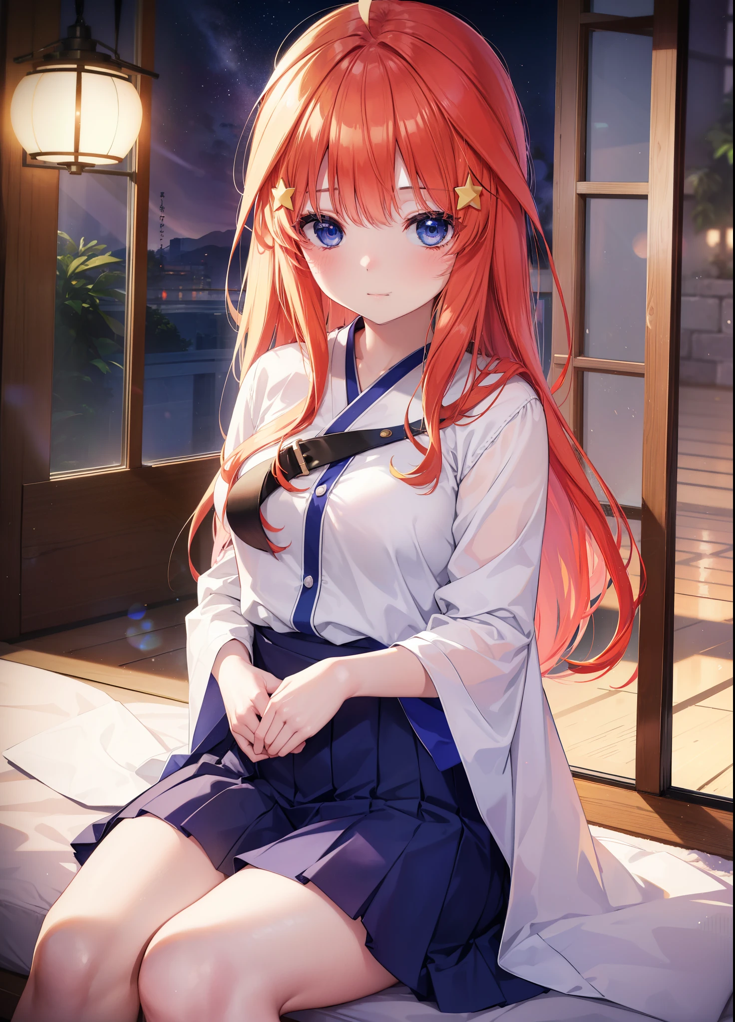 itsukinakano, Itsuki Nakano, bangs, blue eyes, hair between eyes, Ahoge, redhead, star \(symbol\), hair ornaments, star hair ornaments,A girl sleeps with both eyes closed，smile，Bedroom，the light goes out， covered with a blanket， windows，ロマンチックなstar空，extreme light，流starが横切る,
break indoors, School, classroom,
break (masterpiece:1.2), highest quality, High resolution, unity 8k wallpaper, (figure:0.8), (detailed and beautiful eyes:1.6), highly detailed face, perfect lighting, Very detailed CG, (perfect hands, perfect anatomy),