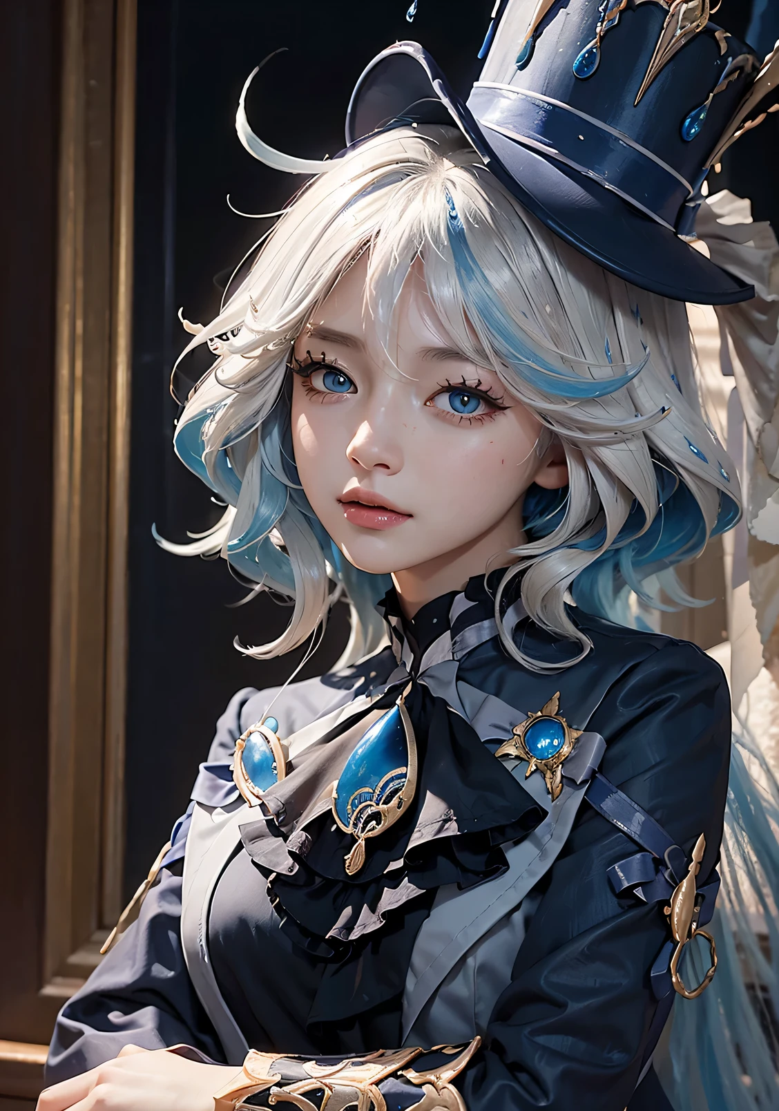 portrait of a woman、fantasy art、real picture、Dynamic lighting、art station、poster、Volumetric lighting、The facial details are particularly rich、have、8k、original photo、high resolution、Award-winning、1 girl、cowboy shooting、long、white hair、background covered with flowers、Plenty of flowers、