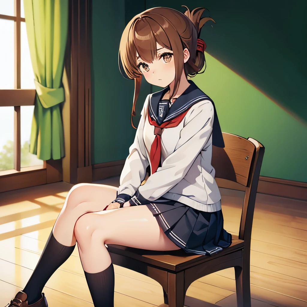  sit in a chair, Look to the right,I am not feeling well and am holding my knees while observing a class on the floor of the school gymnasium.,(masterpiece, best quality:1.2),illustration,8k,hd,1girl,solo,upper body,(portrait:1.2),brown_hair,folded_ponytail,brown_eyes,serafuku,long_hair,school_uniform,skirt,pleated_skirt,