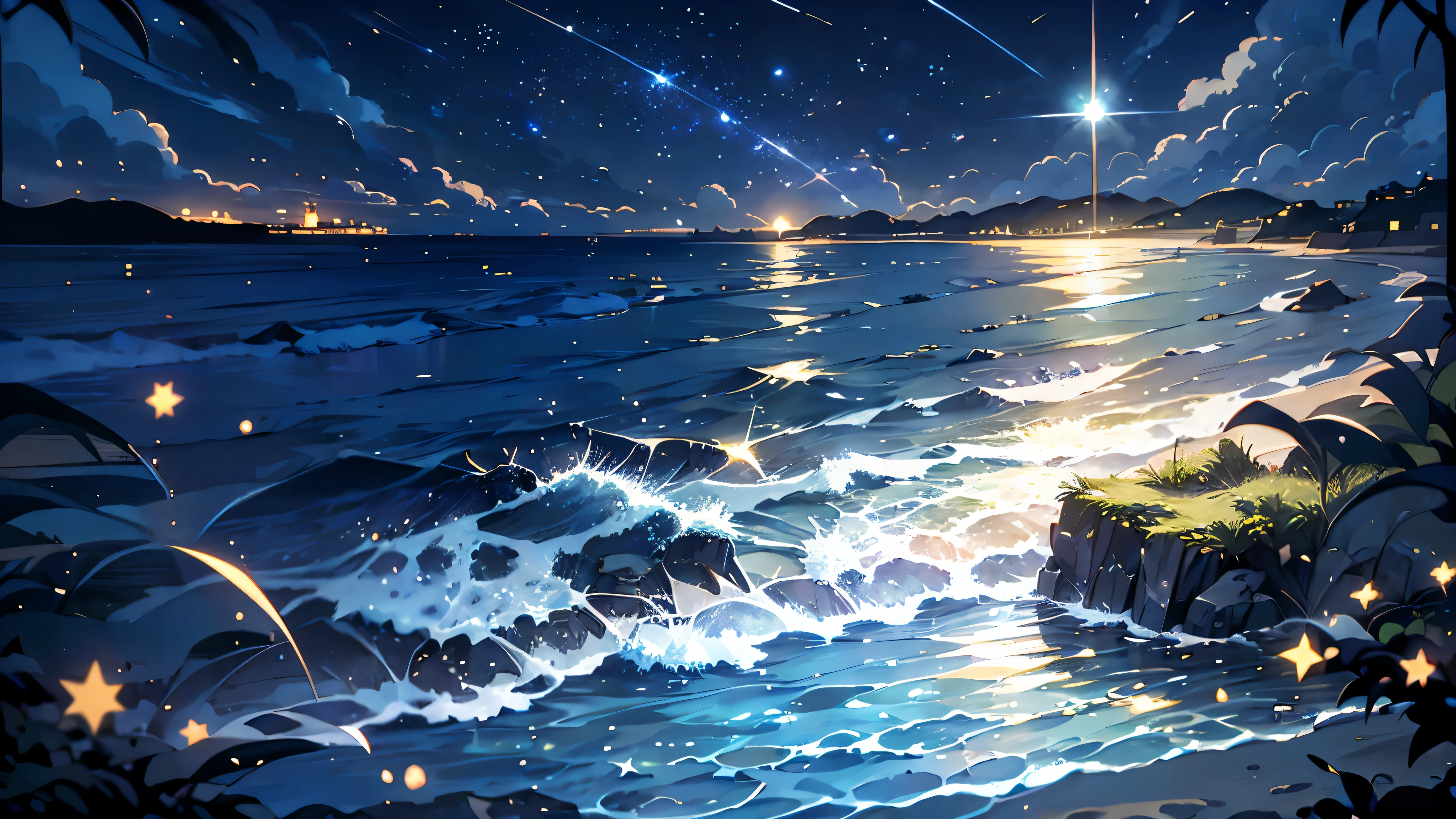 beautiful anime scenery,seaside,full of stars,,砂浜の近くに立One少女,girl looking at the stars,a little rocky place,light wind,France, big shining star3One,night, shooting star,moonlight,water surface of the moon,hand drawn illustration